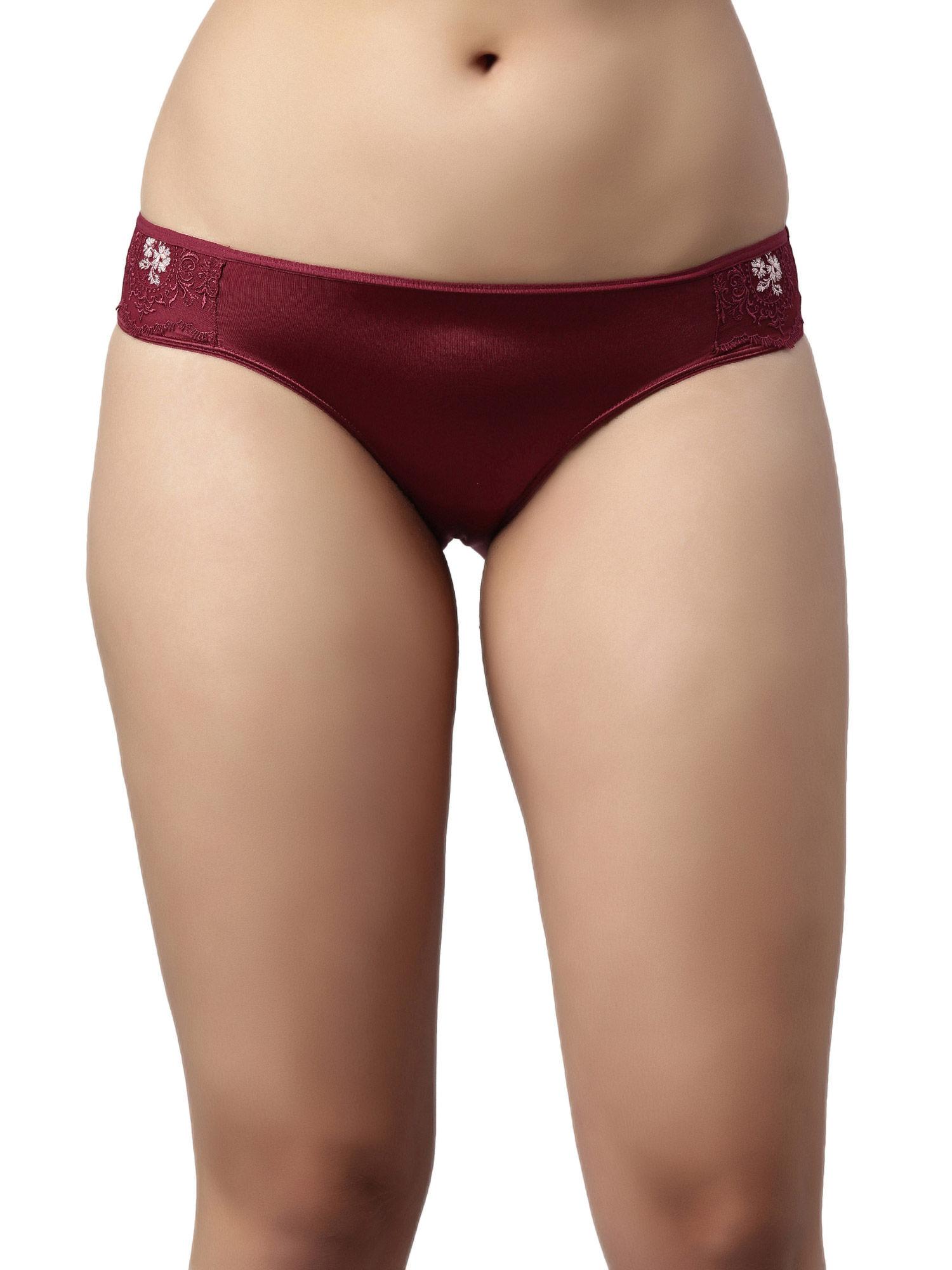 womens p069-low waist ,satin, lace trim bikini panty-claret maroon