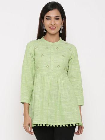 womens parrot green embroidered pure cotton tunic with bottom attached with pom pom lace