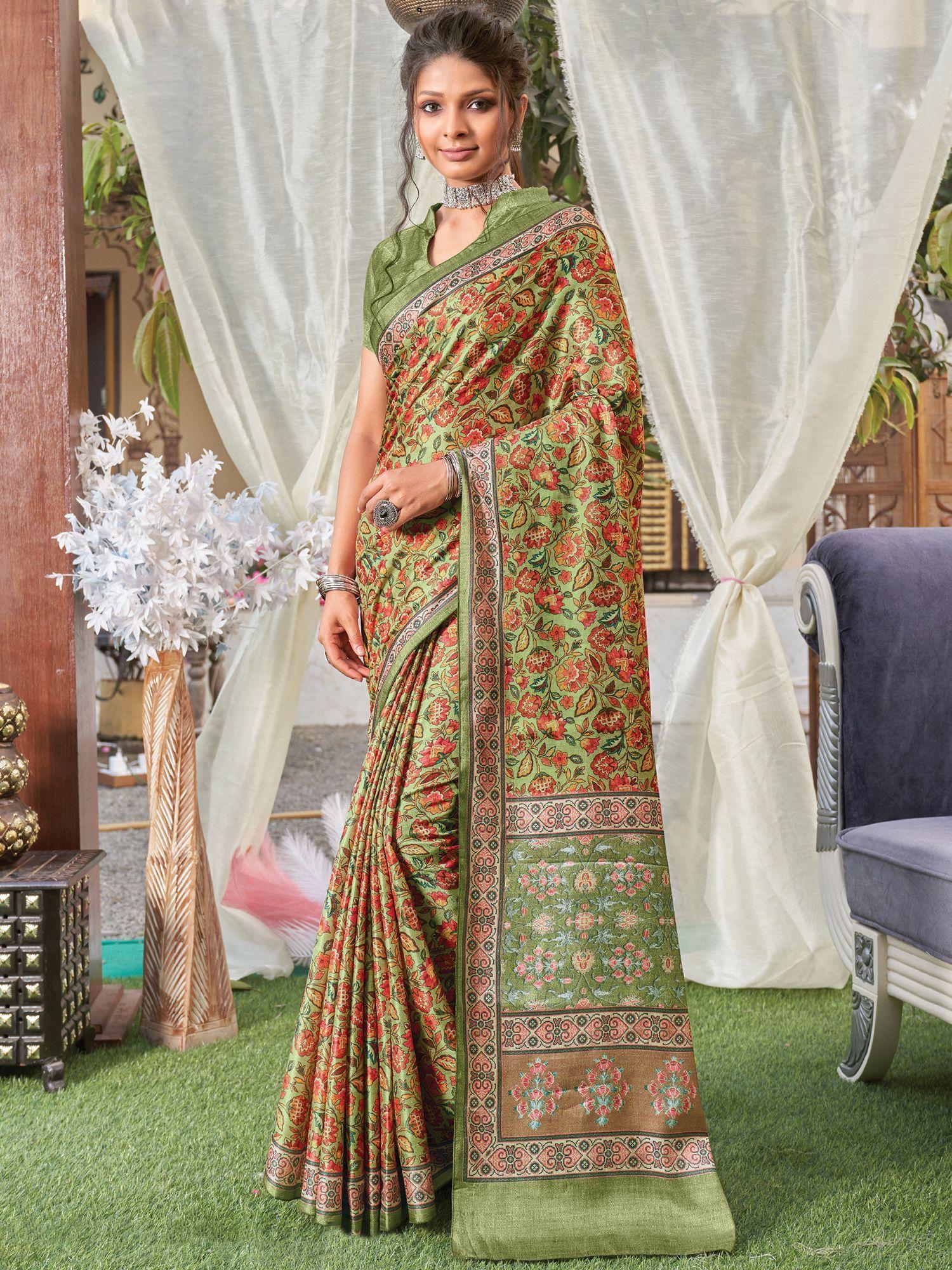 womens pashmina silk olive printed designer saree with unstitched blouse
