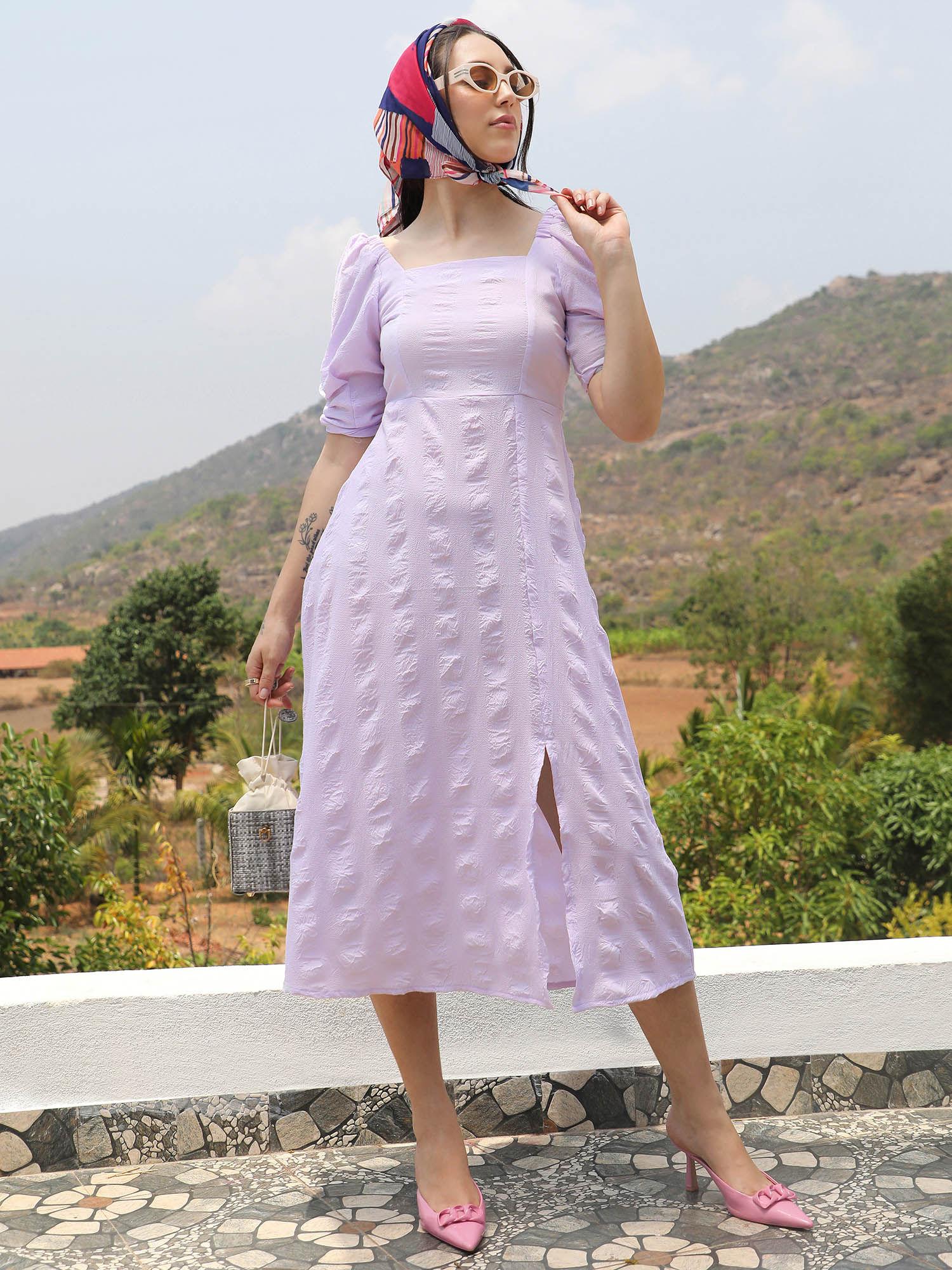 womens pastel lilac creased dress slit detail midi dress