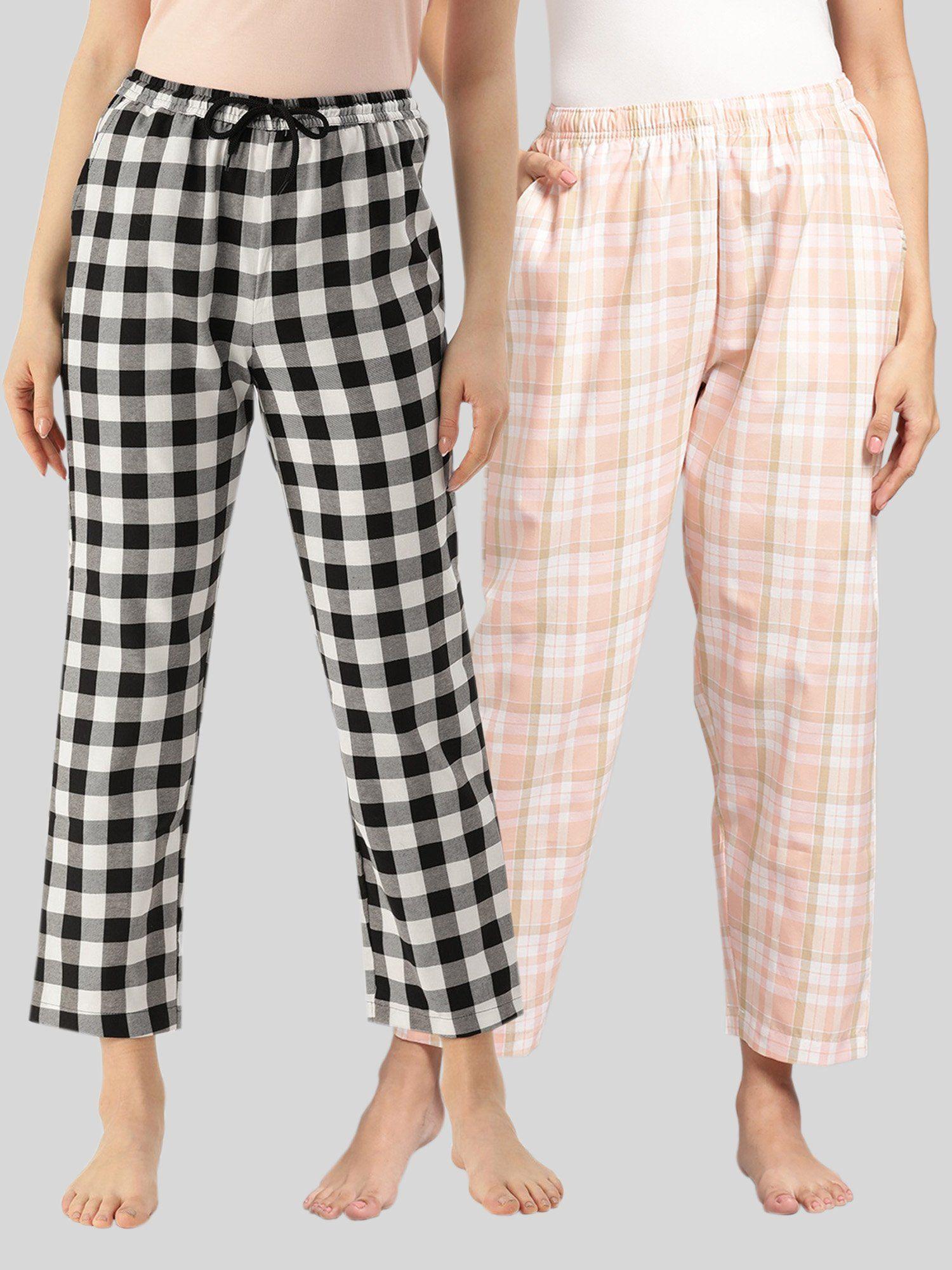 womens peach & black cotton check lounge pajamas (pack of 2)