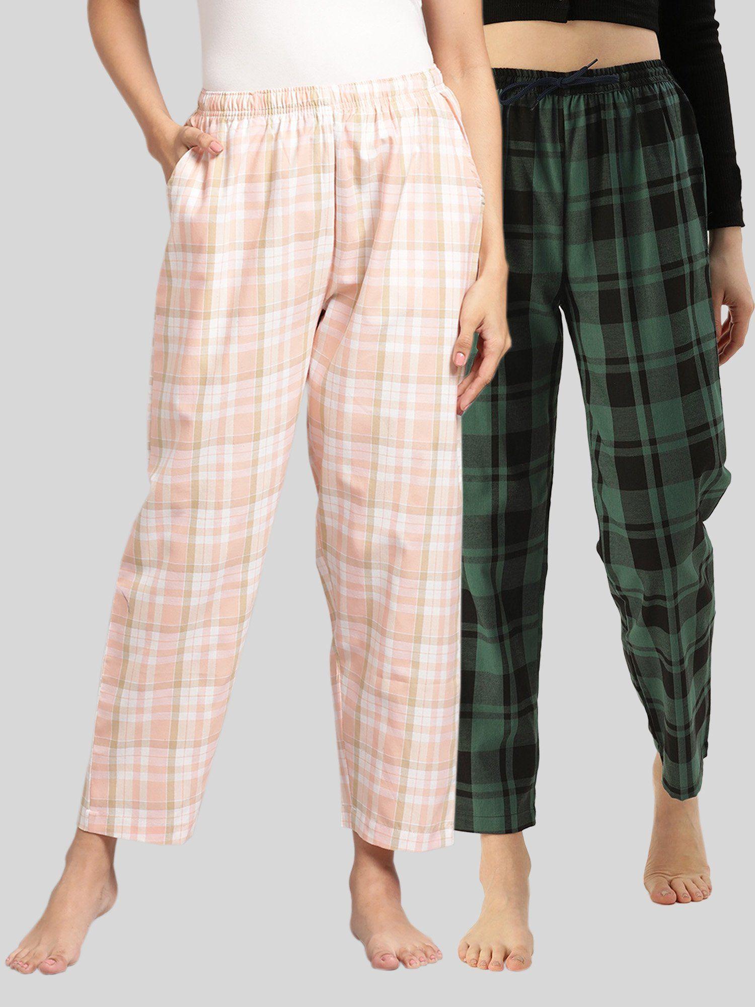 womens peach & green cotton check lounge pajamas (pack of 2)