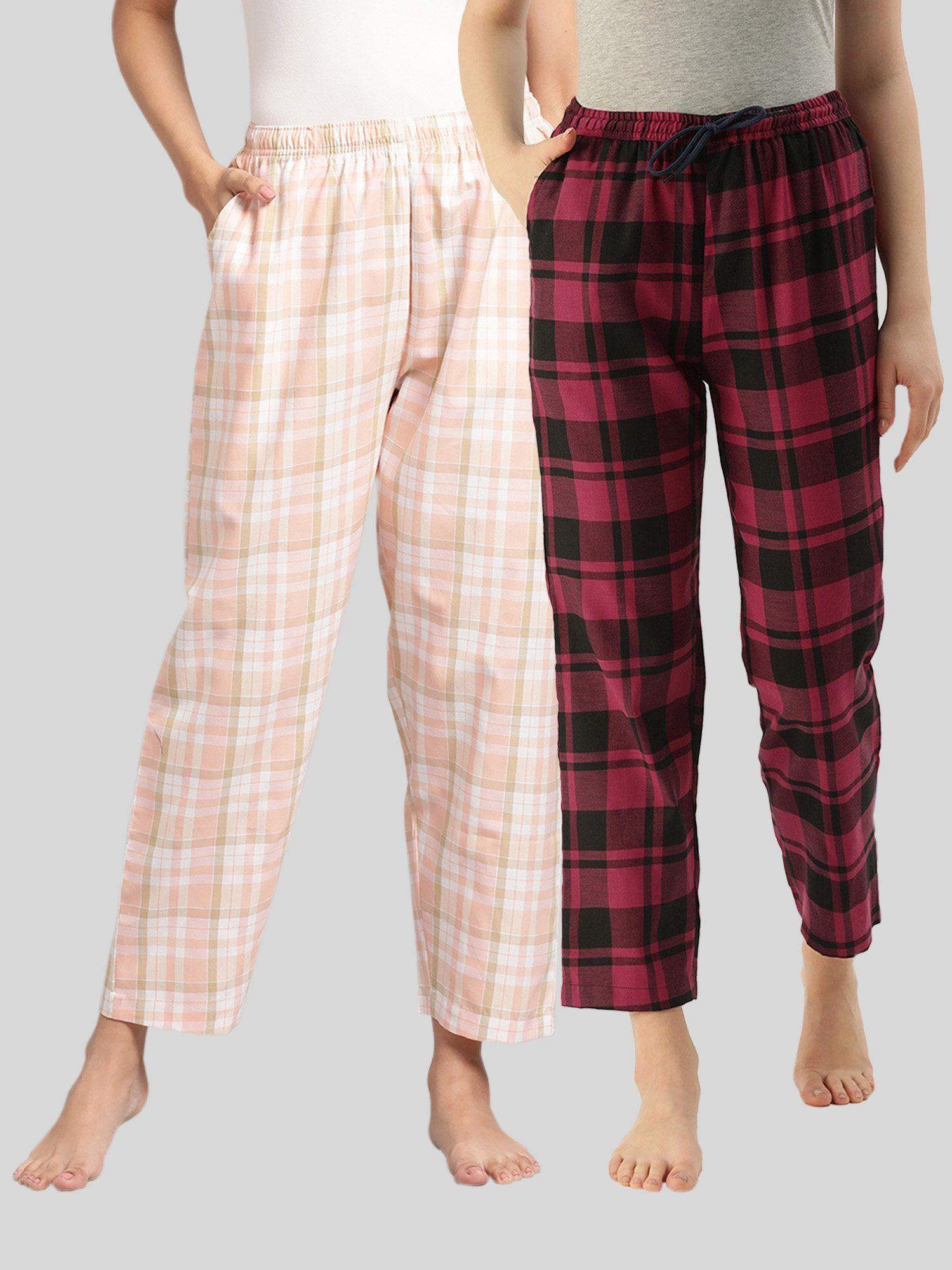 womens peach & maroon cotton check lounge pajamas (pack of 2)