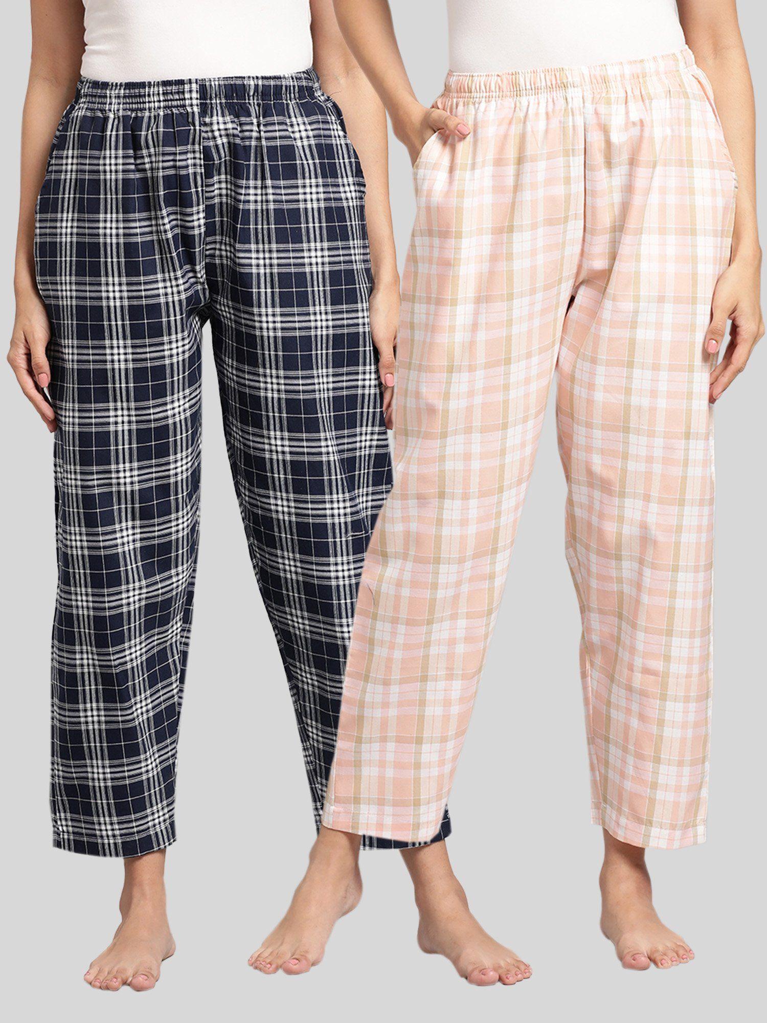 womens peach & navy cotton check lounge pajamas (pack of 2)