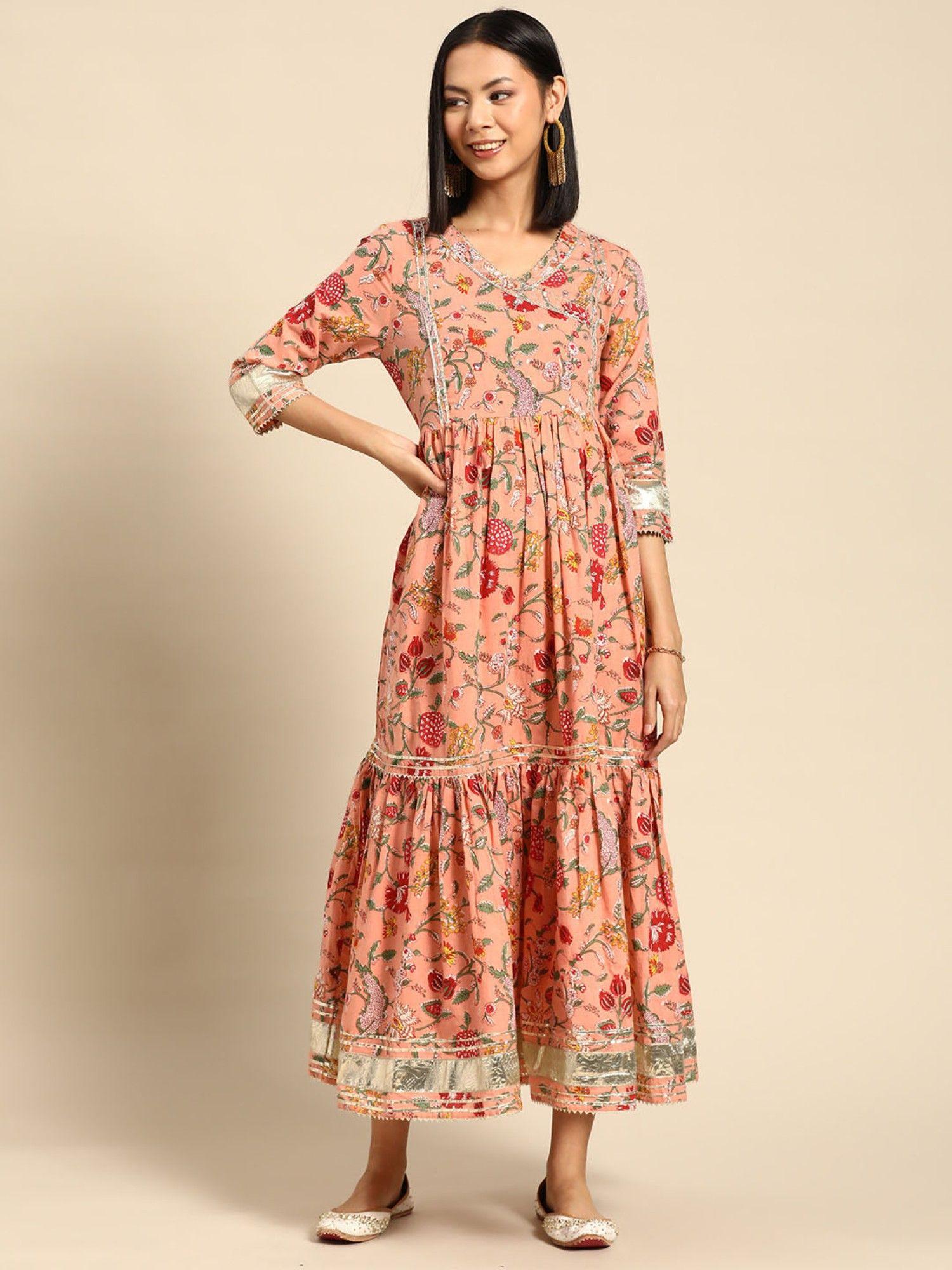 womens peach & red floral print & sequin embroidered a-line midi dress