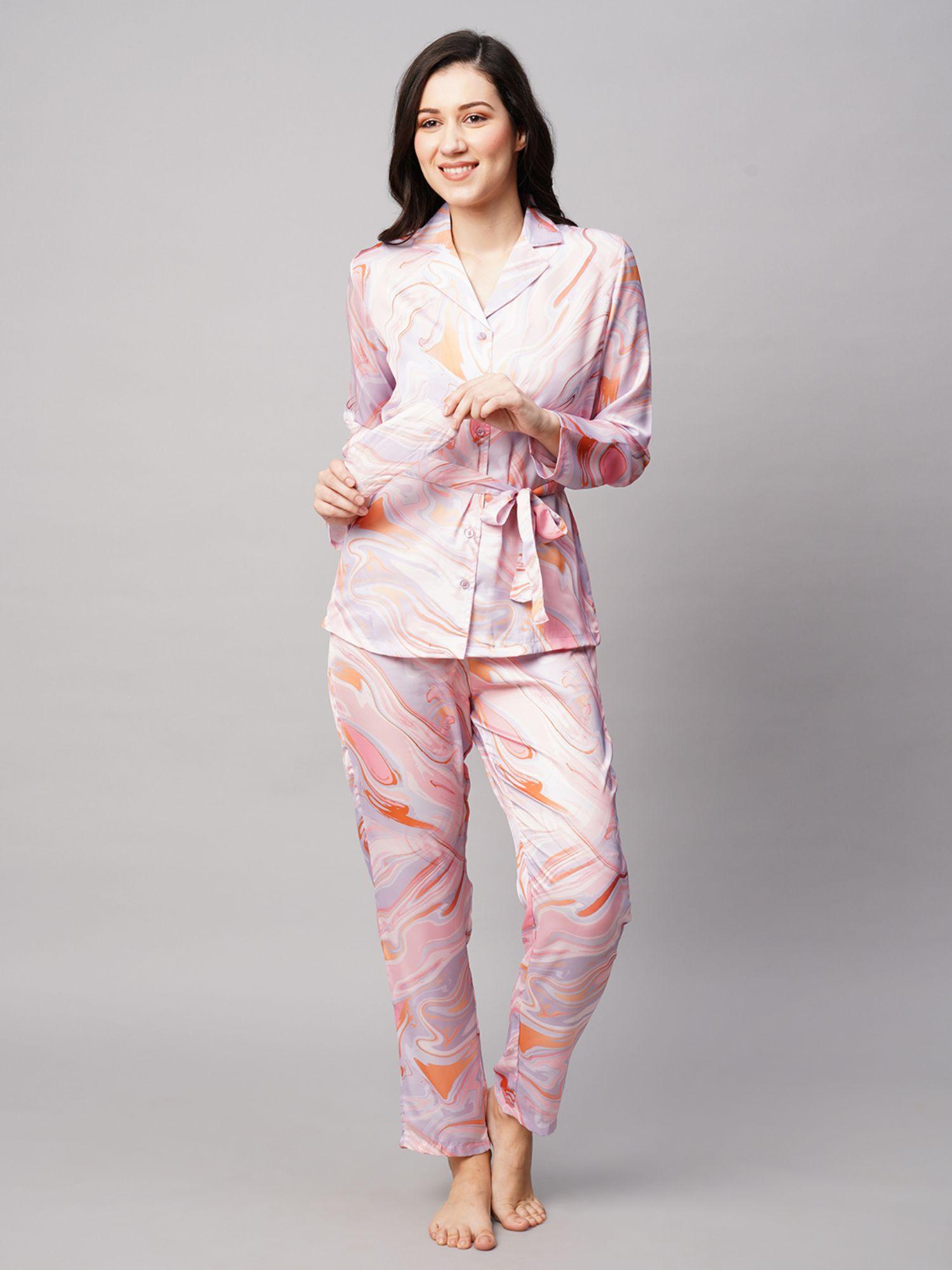 womens peach abstract print satin night suit