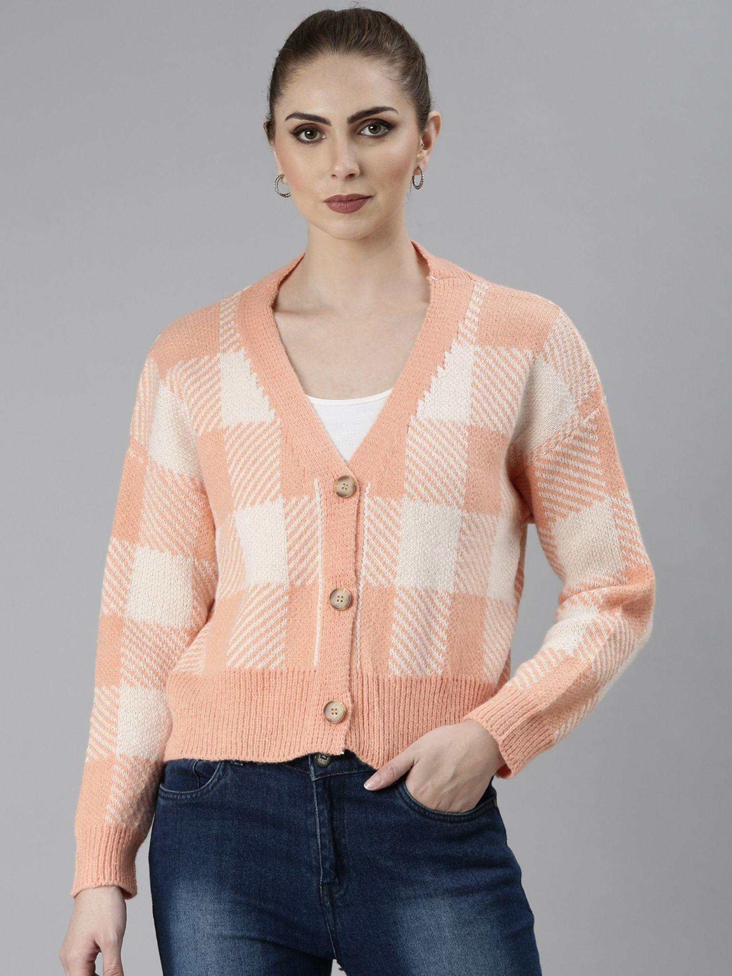 womens peach checked long sleeves v-neck cardigan