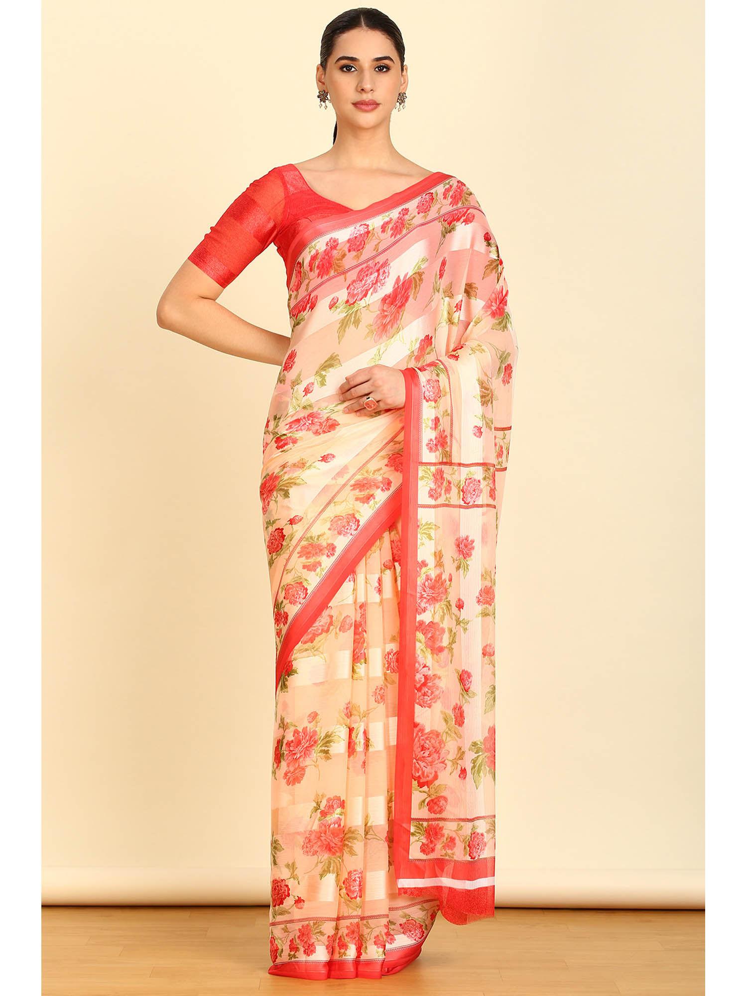 womens peach chiffon floral print saree with unstitched blouse