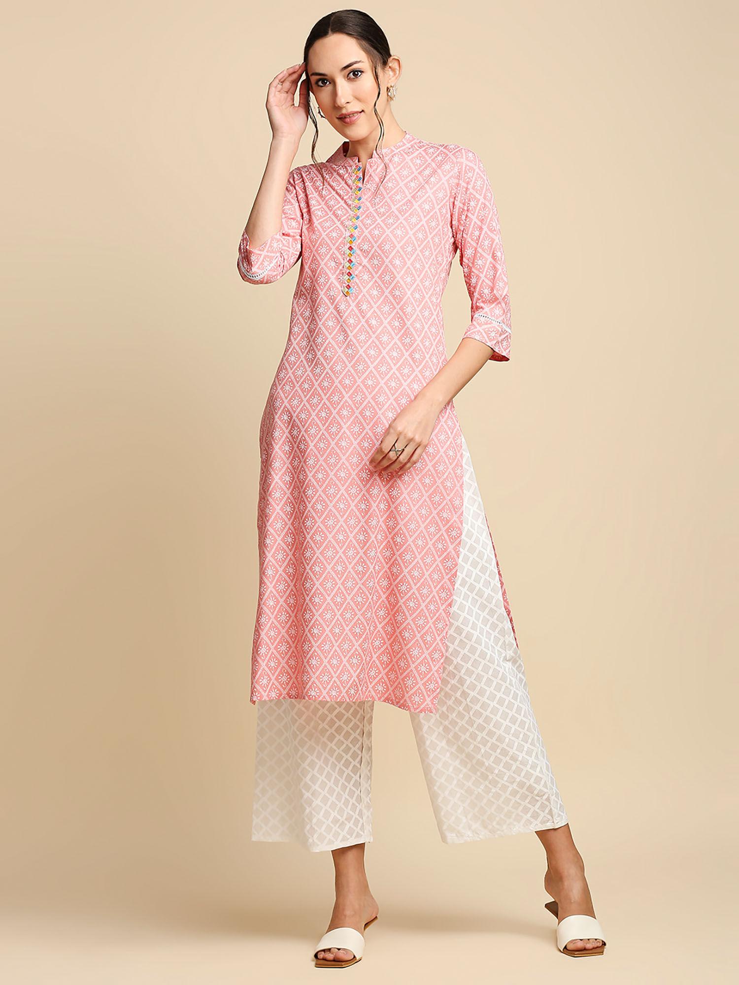 womens peach-coloured & white khari printed straight kurta