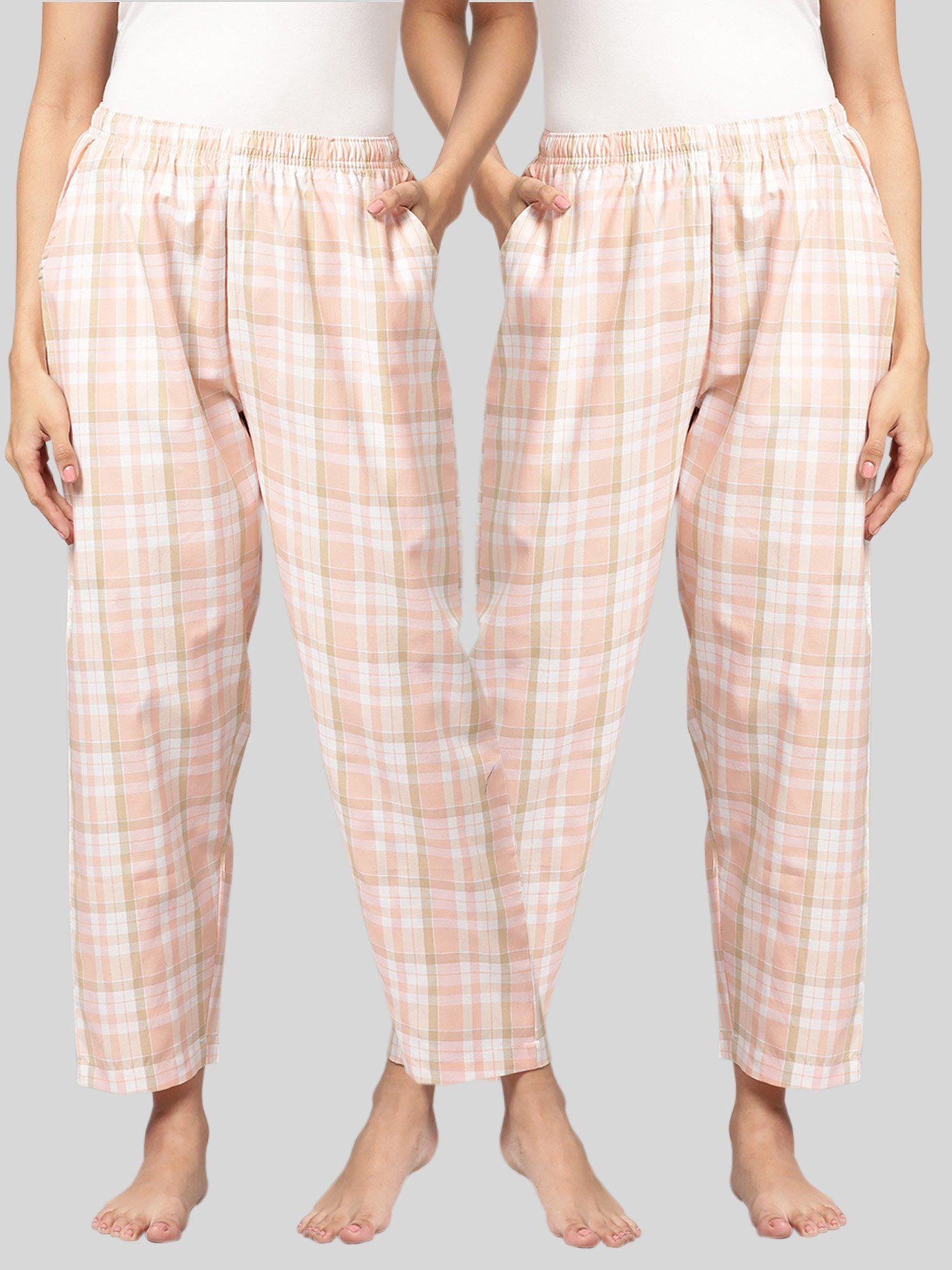 womens peach cotton check lounge pajamas (pack of 2)