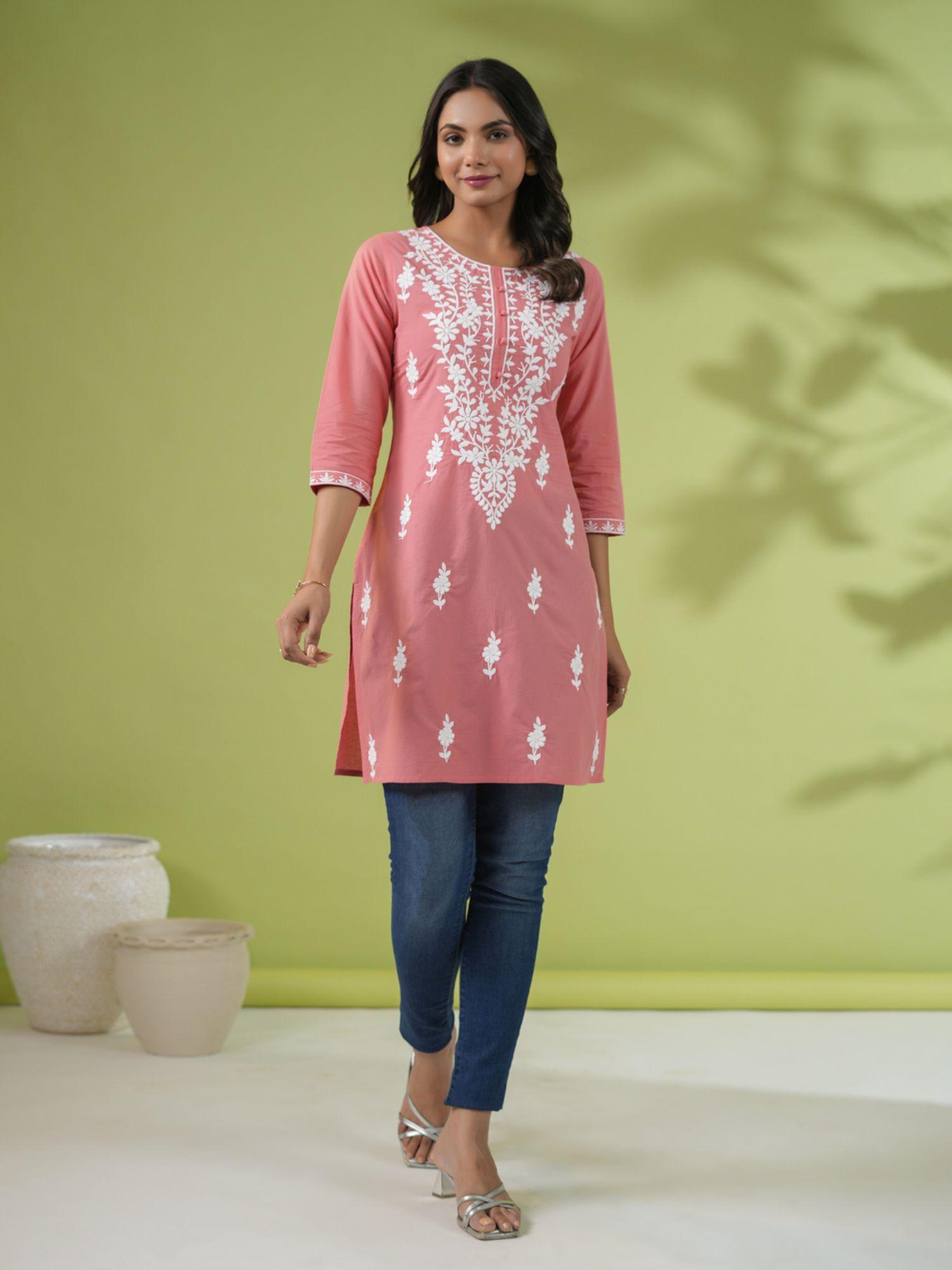 womens peach cotton chikankari regular tunic