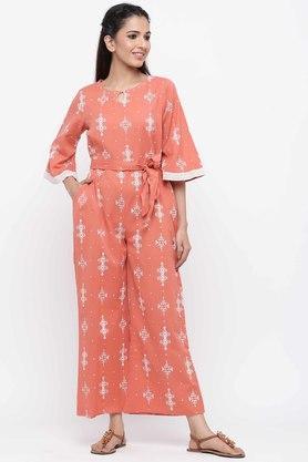womens peach cotton flex printed ethnic jumpsuit with bell sleeves and add-on belt - peach