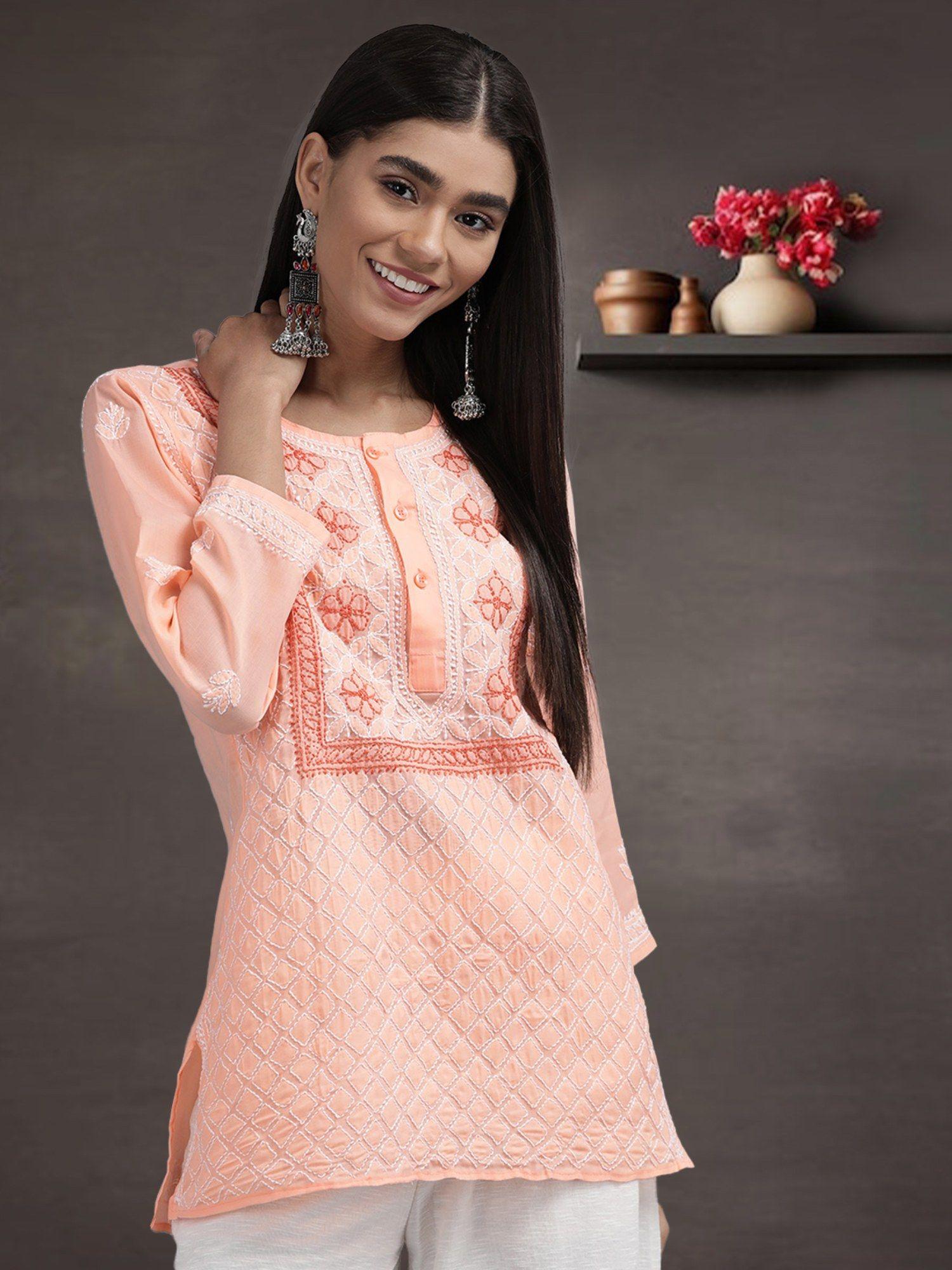 womens peach embroidered lucknowi chikankari kurti