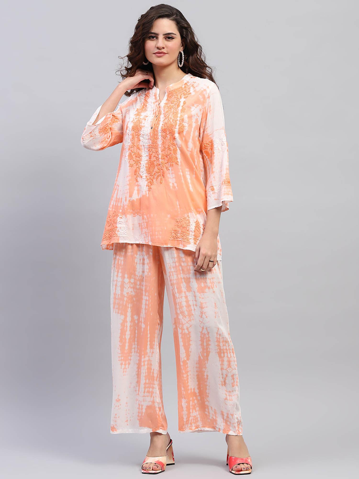 womens peach embroidered mandarin collar 3/4 sleeve co-ord (set of 2)