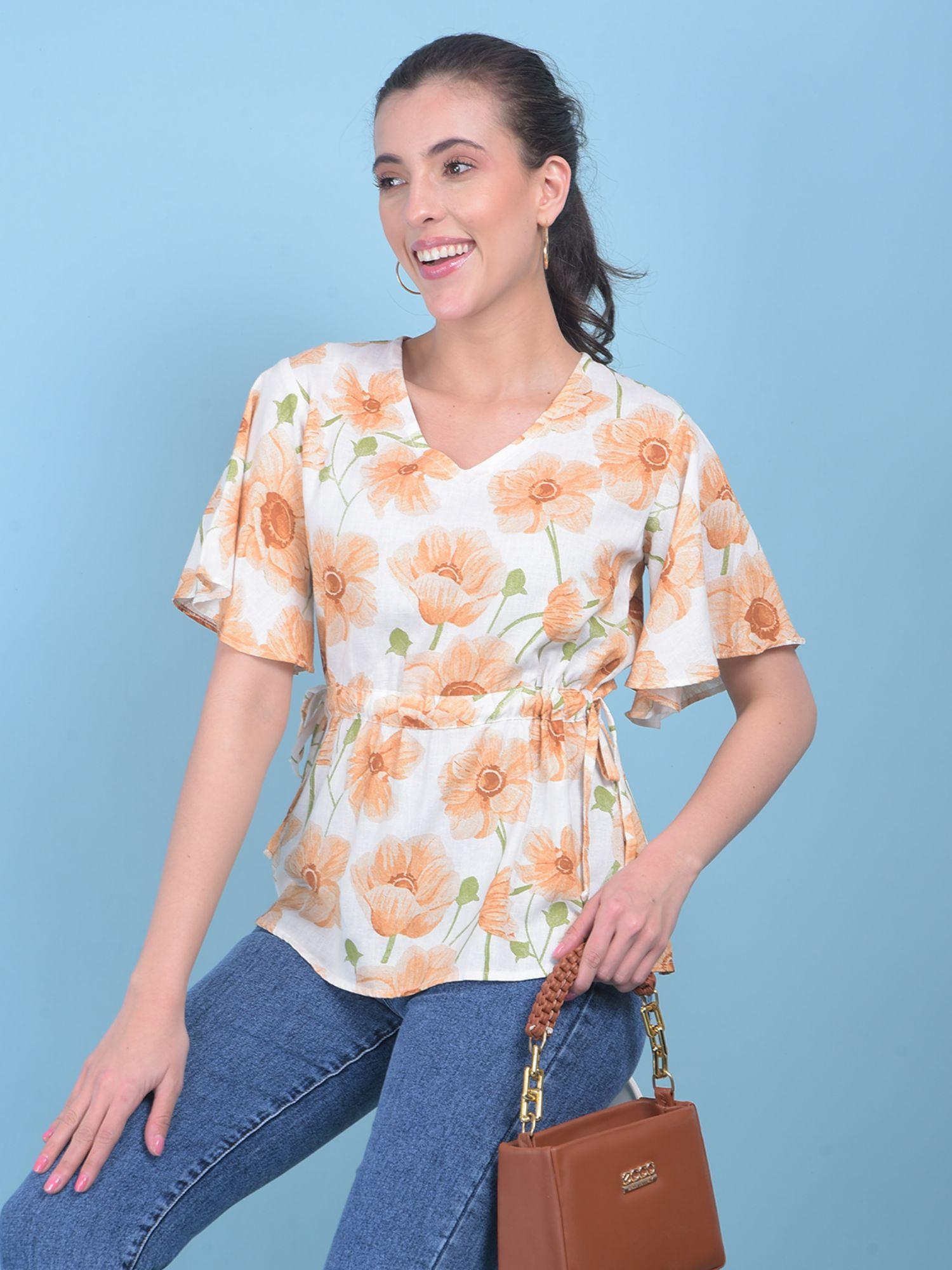 womens peach floral print linen top