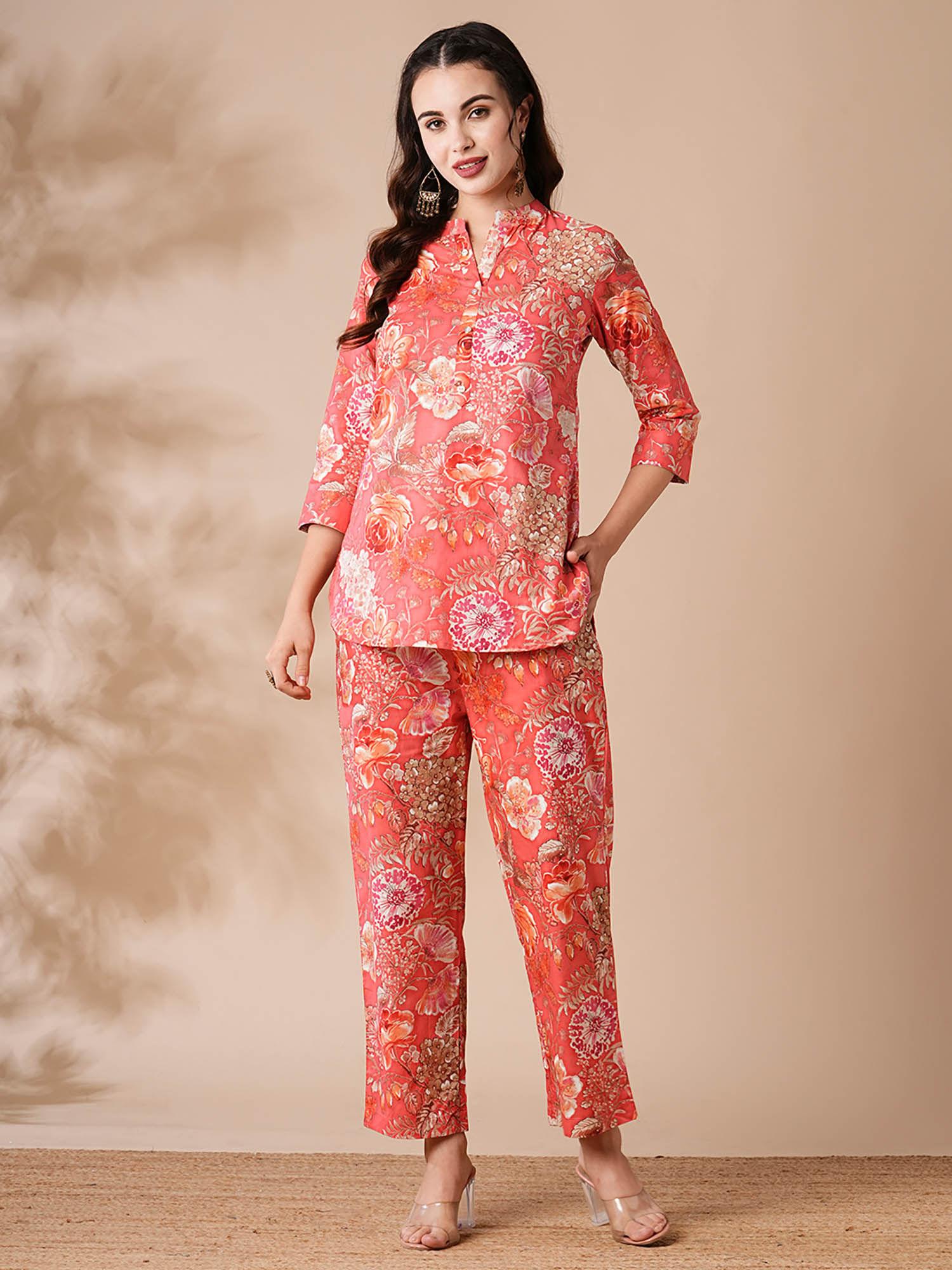 womens peach floral printed buttoned co-ord (set of 2)