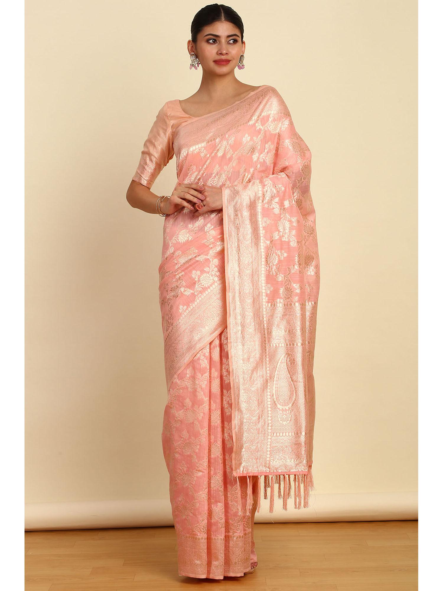 womens peach floral woven design jacquard weave tussar saree with unstitched blouse