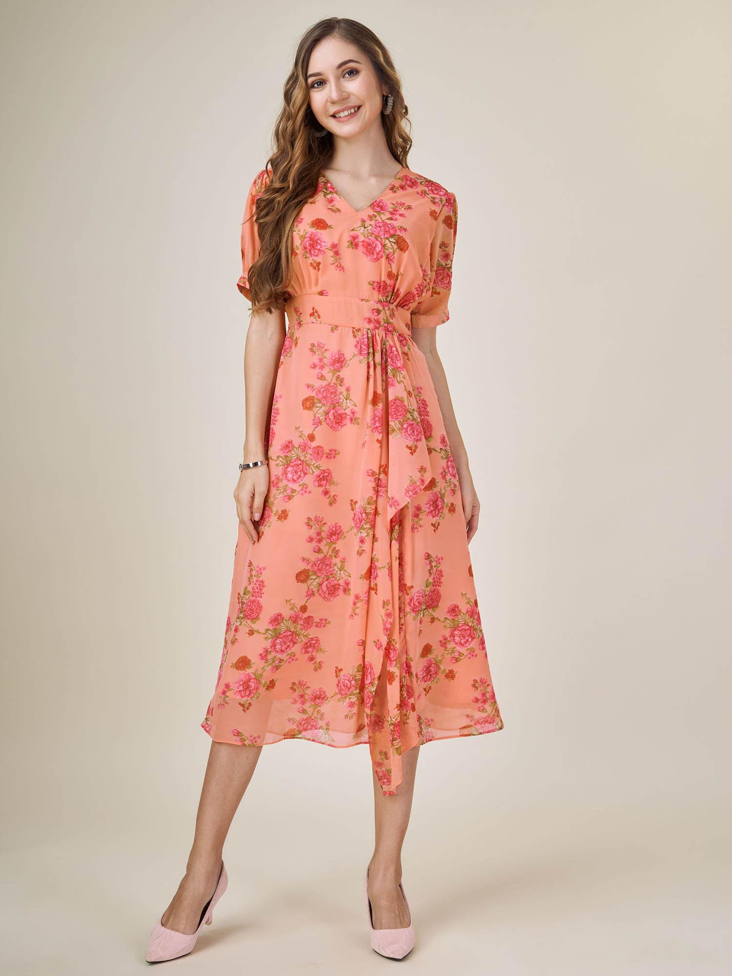 womens peach georgette draped floral printed flared dress