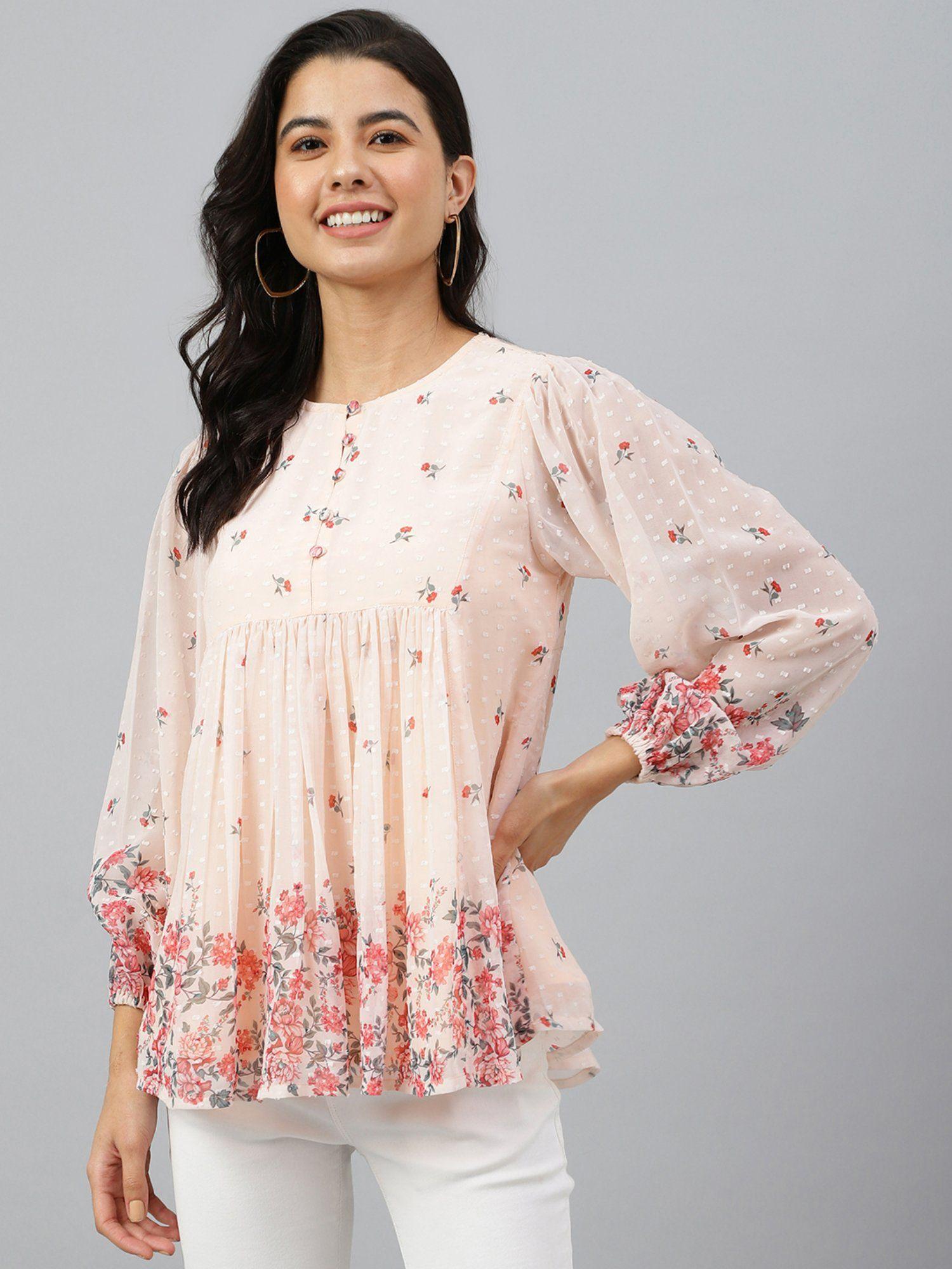 womens peach georgette floral print flared top