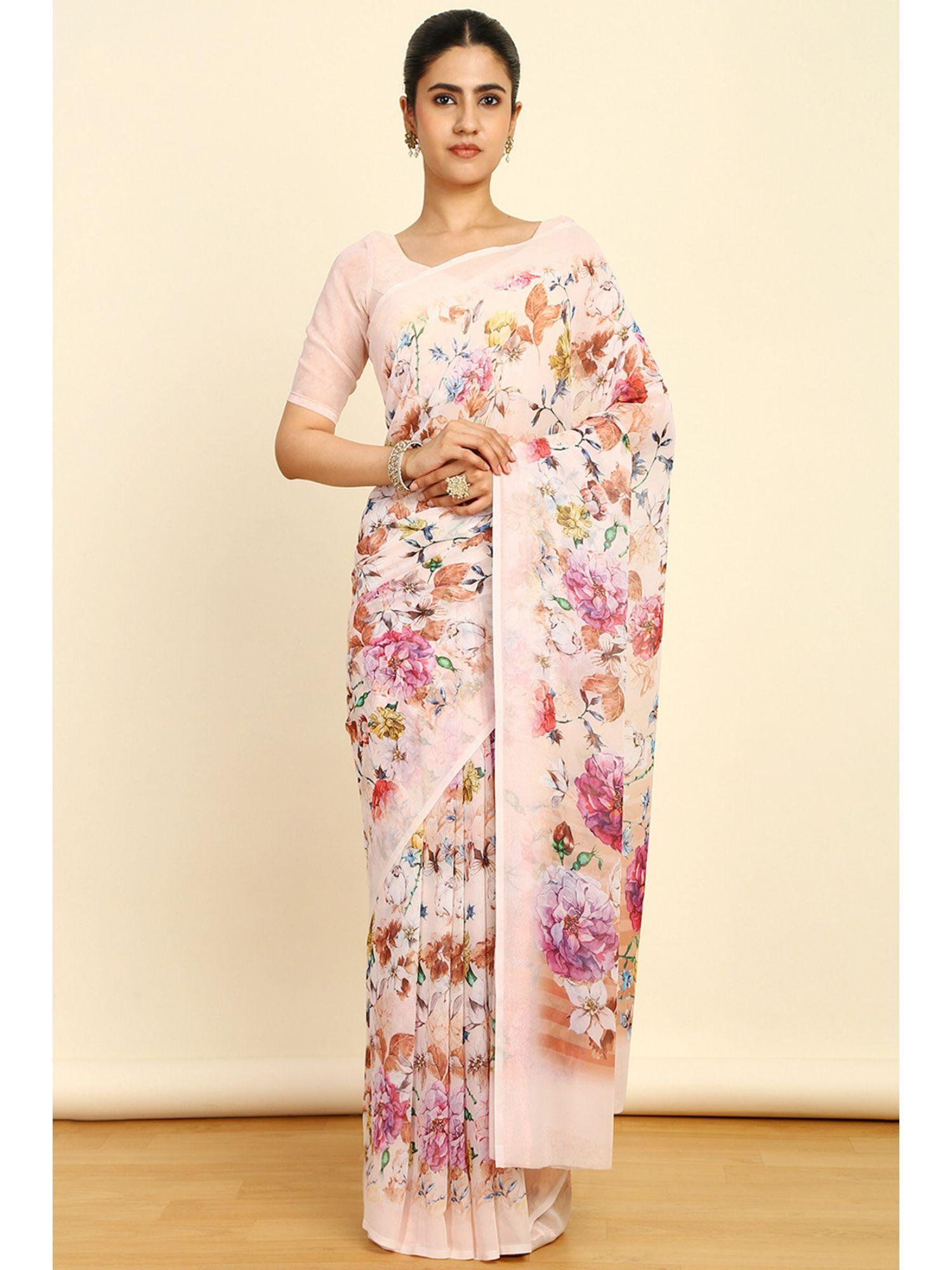 womens peach georgette floral print saree with unstitched blouse