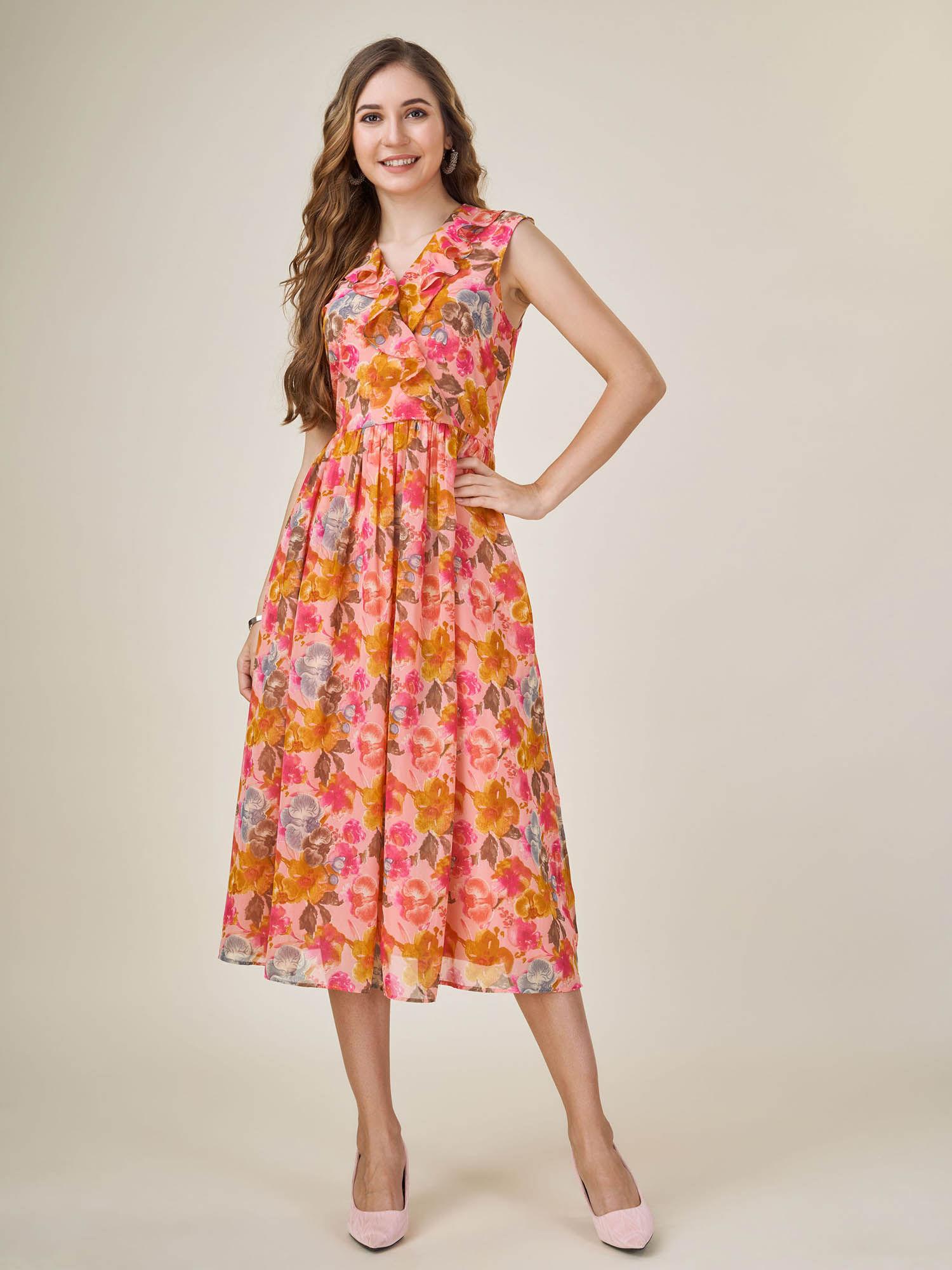 womens peach georgette floral printed wrap dress with ruffles