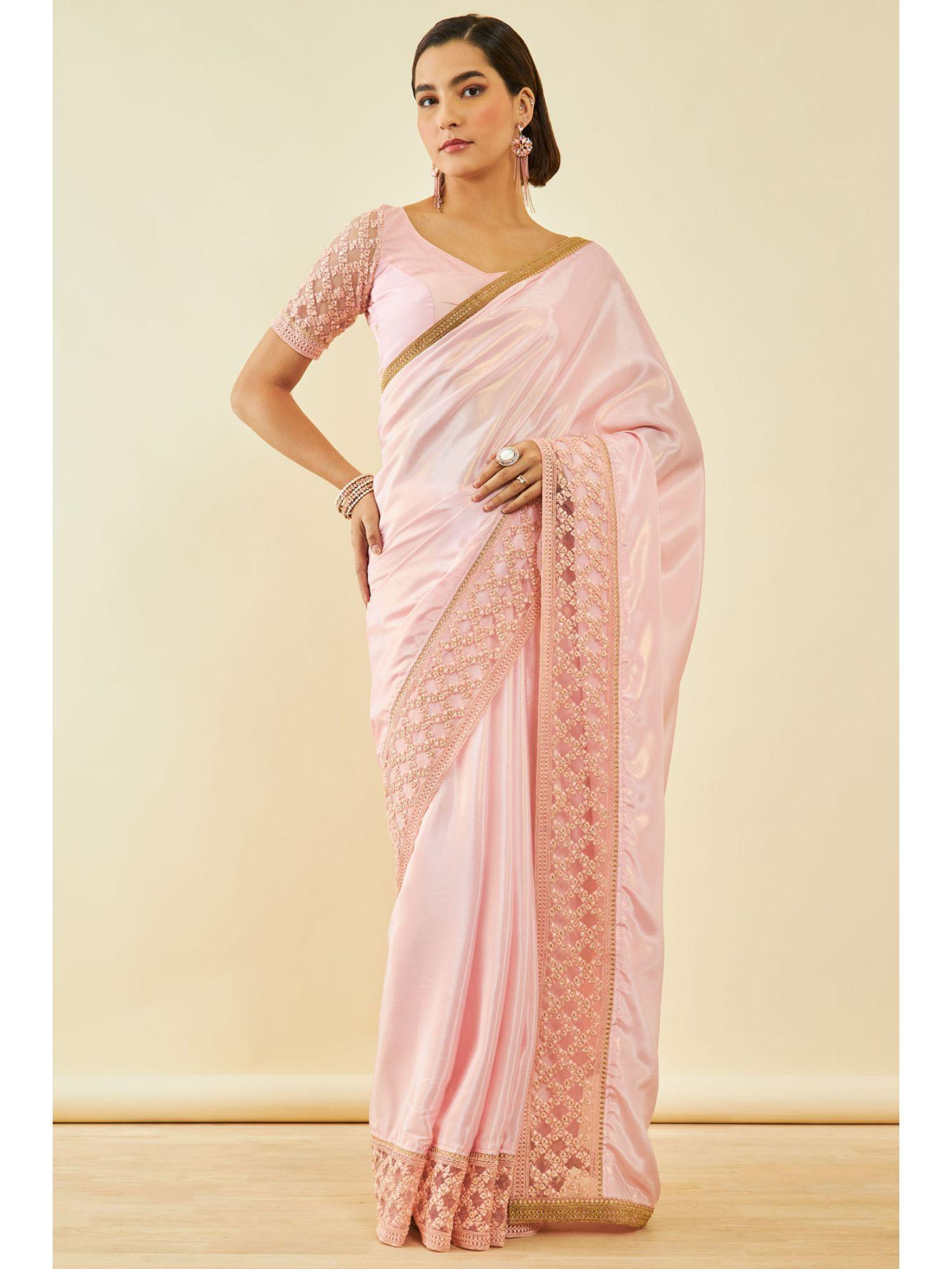 womens peach organza solid saree with embroidered with unstitched blouse