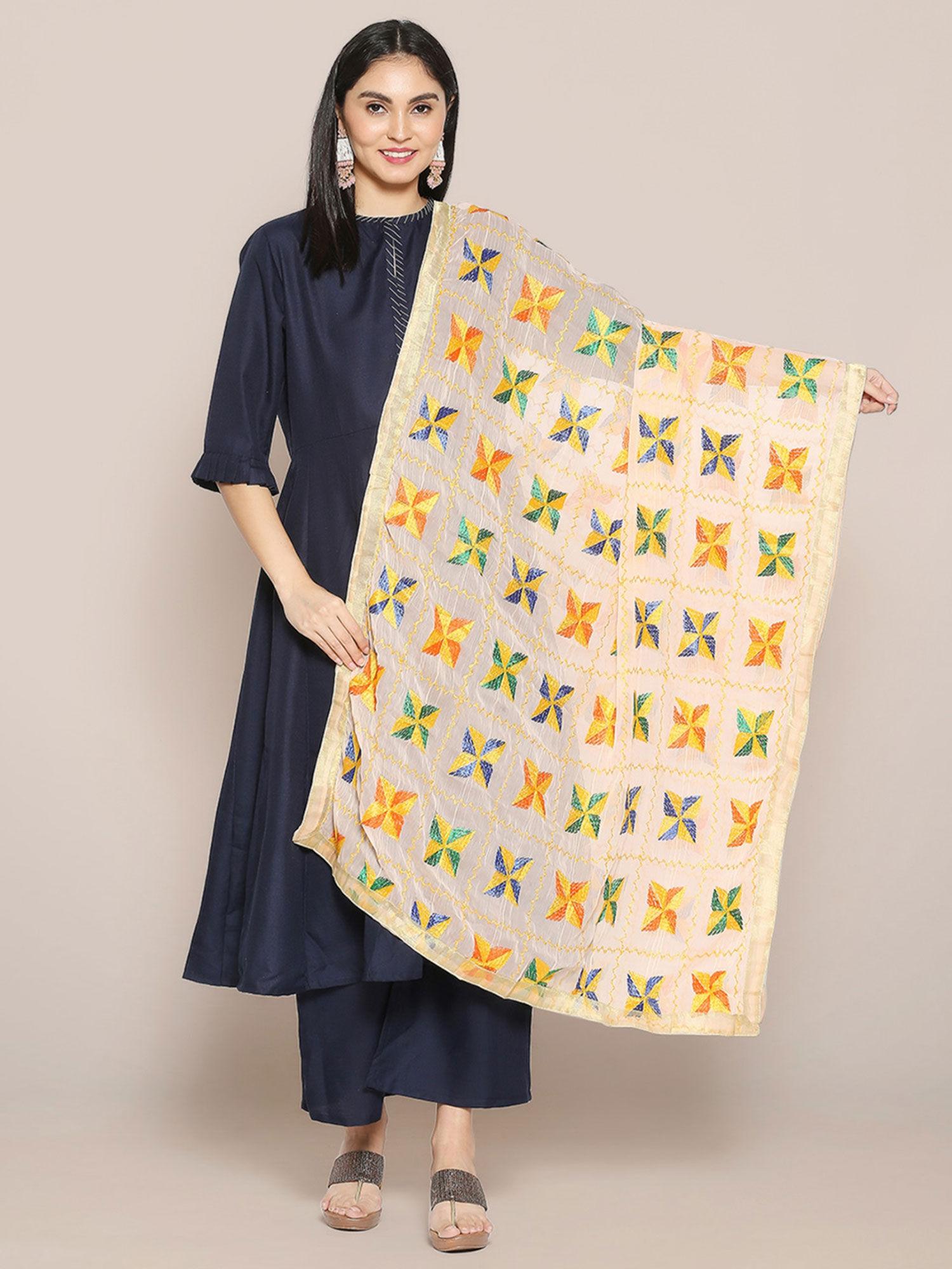 womens peach phulkari chiffon dupatta