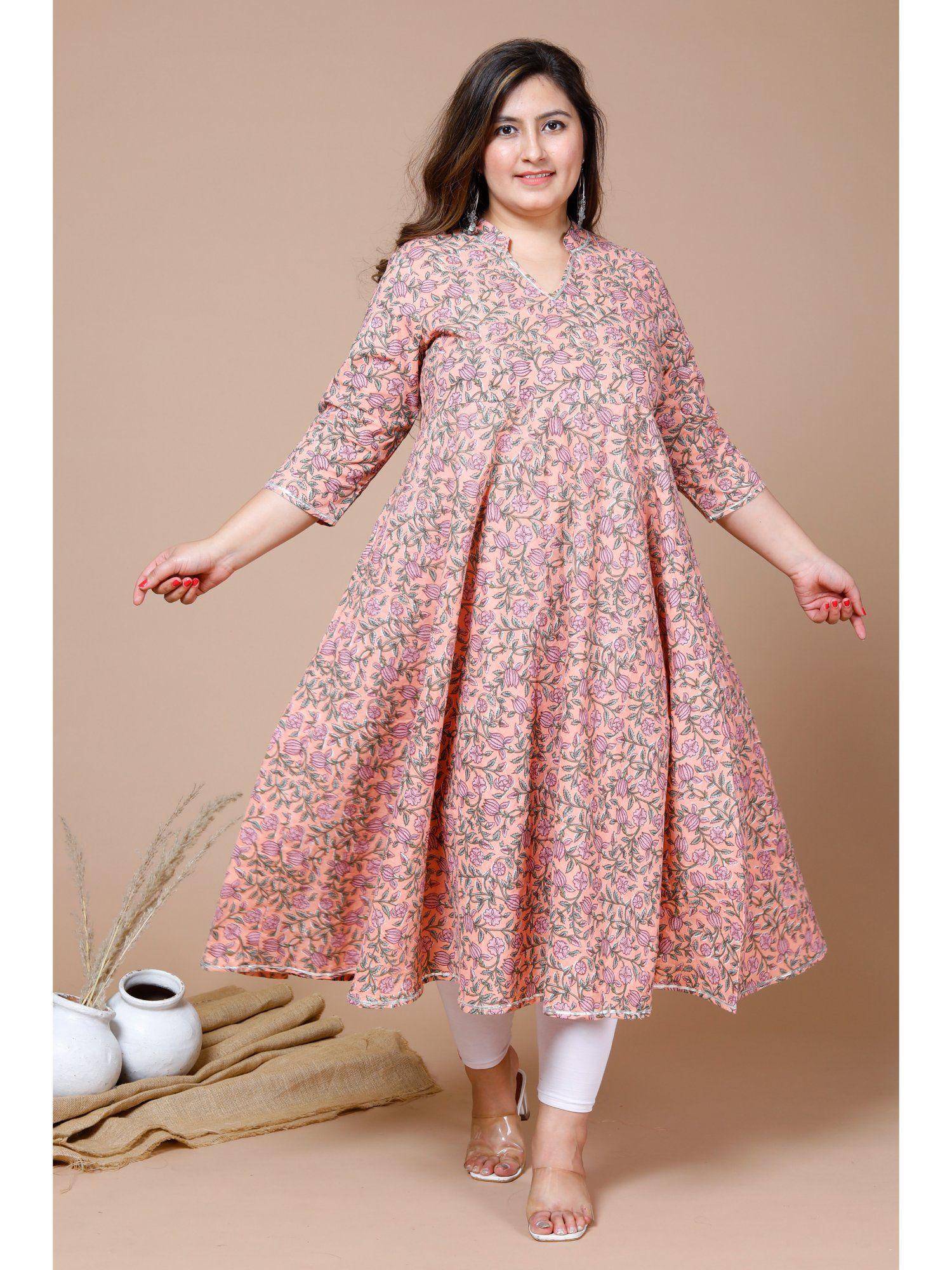 womens peach plus size cotton floral printed anarkali kurta