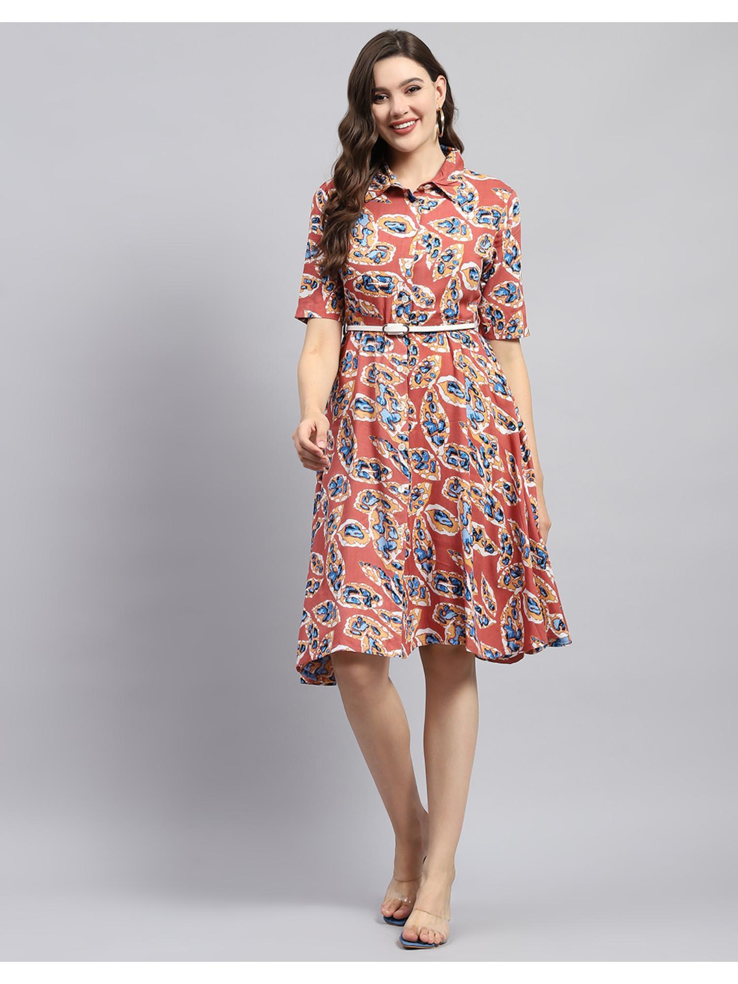 womens peach printed collared neck half sleeve dress with belt (set of 2)