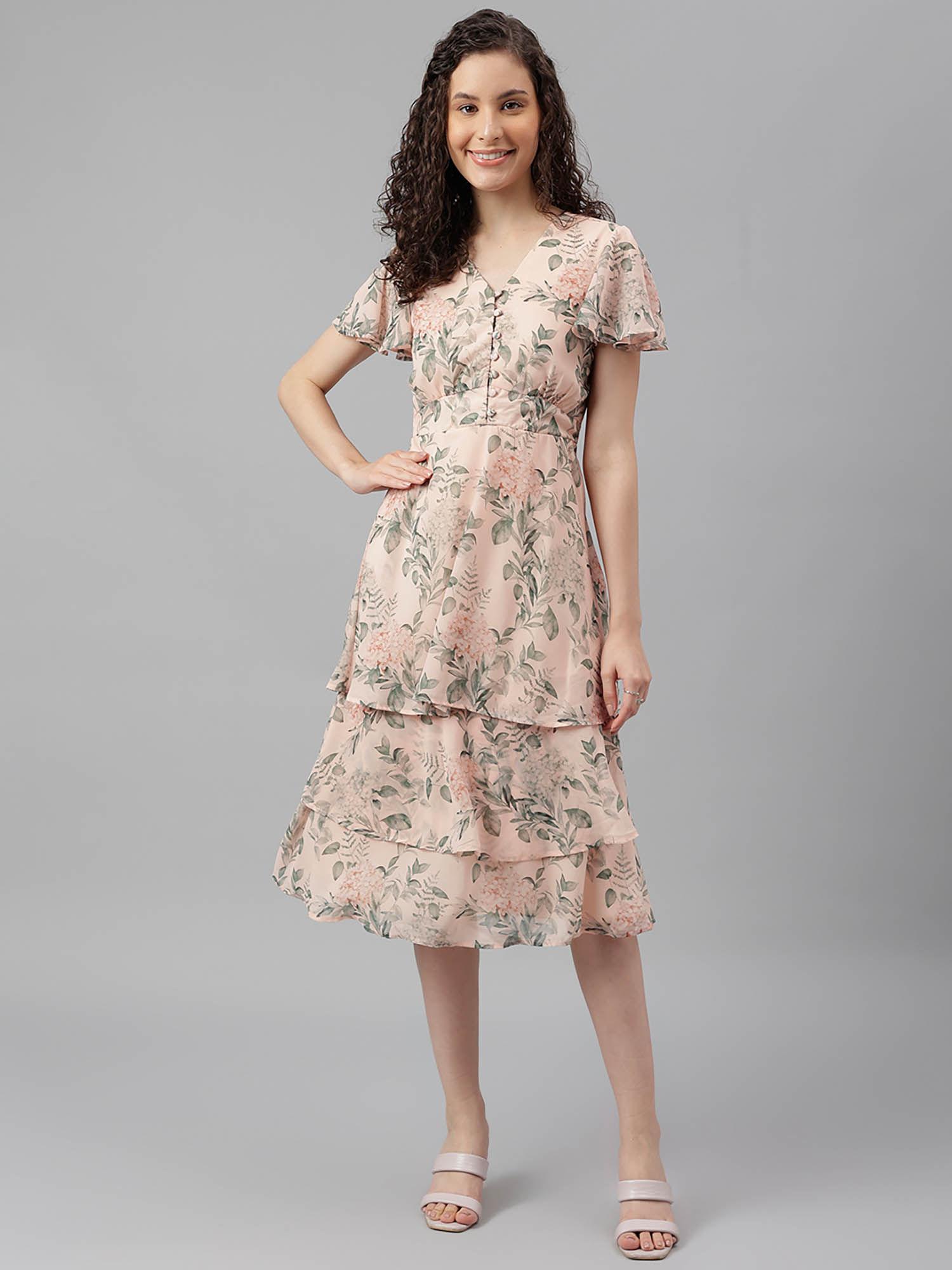 womens peach printed knee length dress