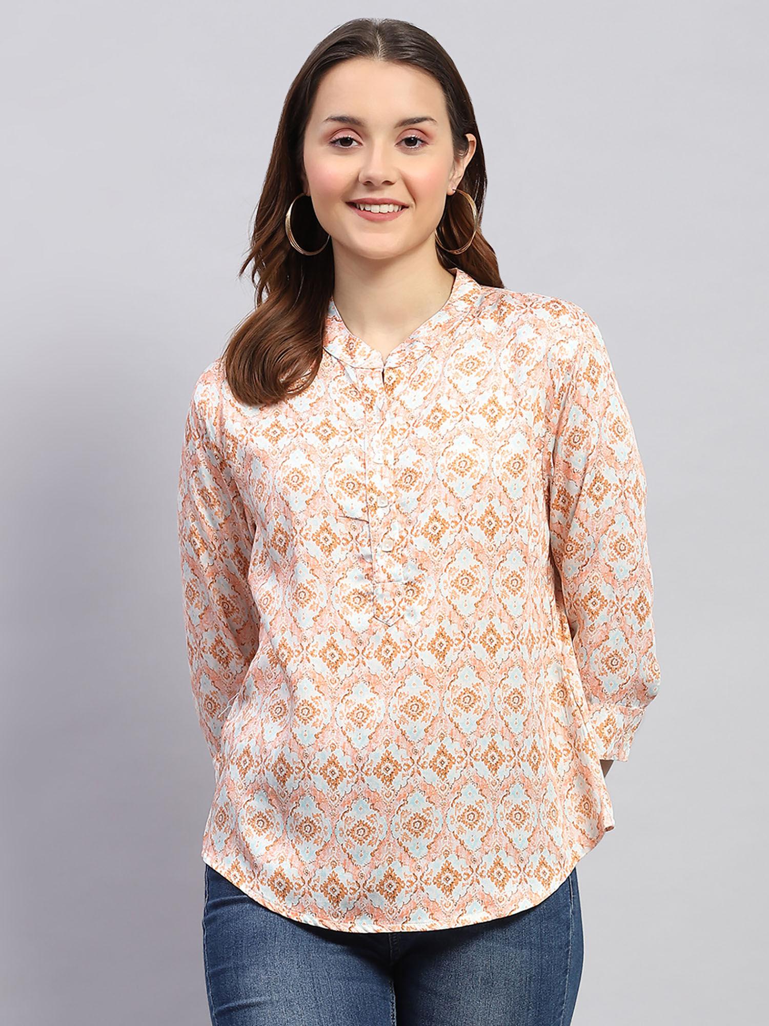 womens peach printed mandarin neck 3/4th sleeve regular fit top