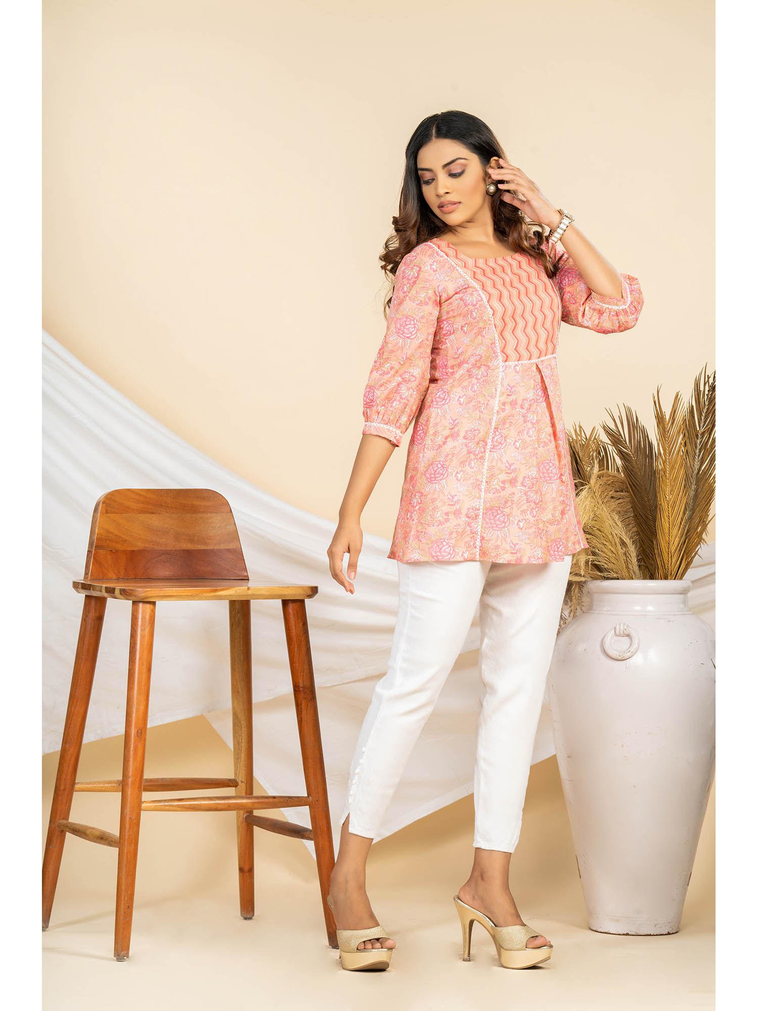 womens peach pure cambric cotton printed tunic