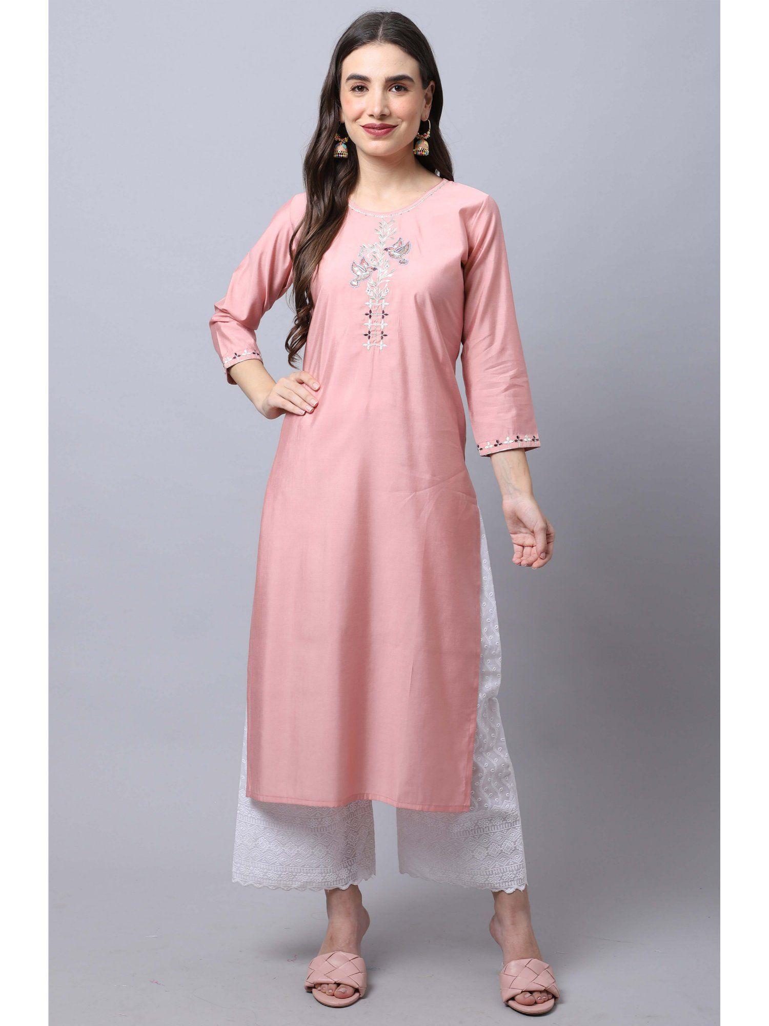 womens peach pure cotton jaipuri embroidered kurta