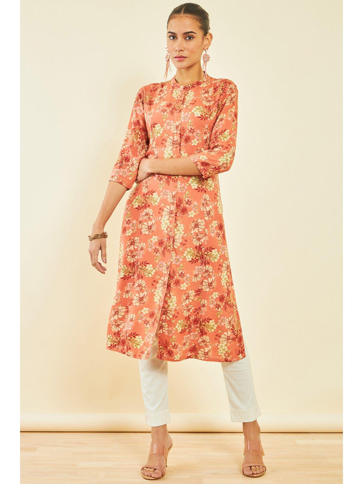 womens peach rayon kurta with floral and foliage print