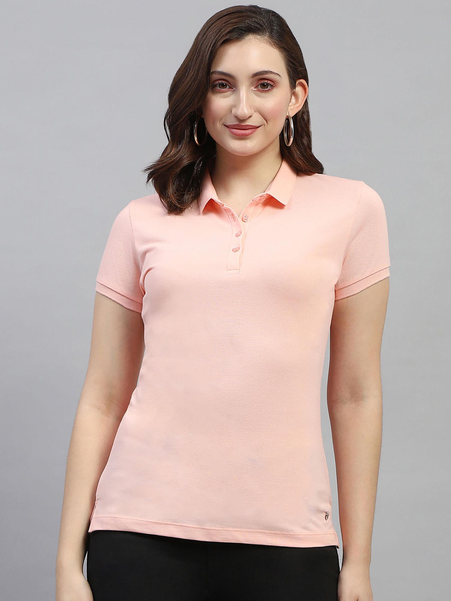 womens peach solid polo neck half sleeve regular fit t-shirt