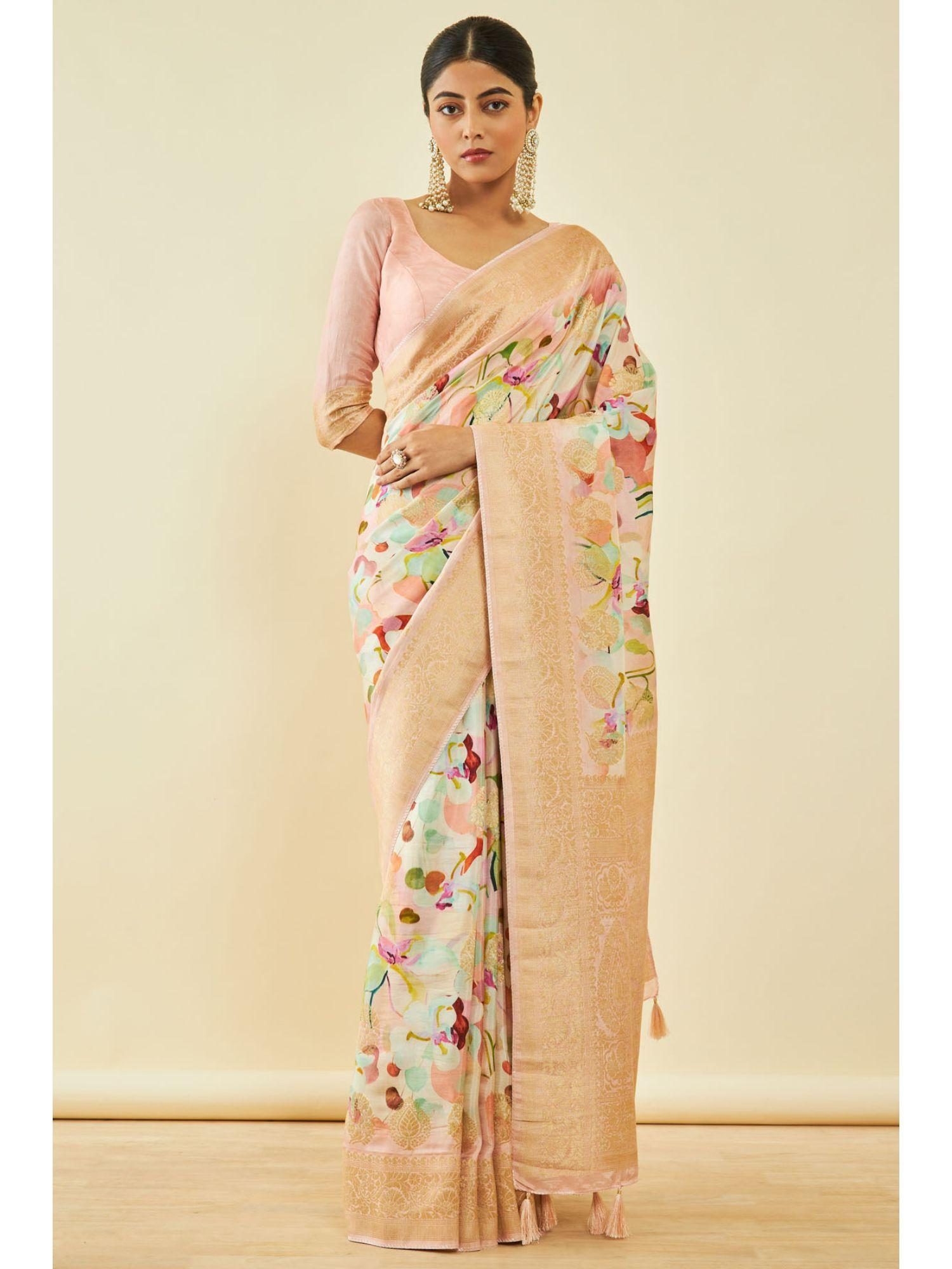 womens peach tussar silk floral print saree with tassels with unstitched blouse