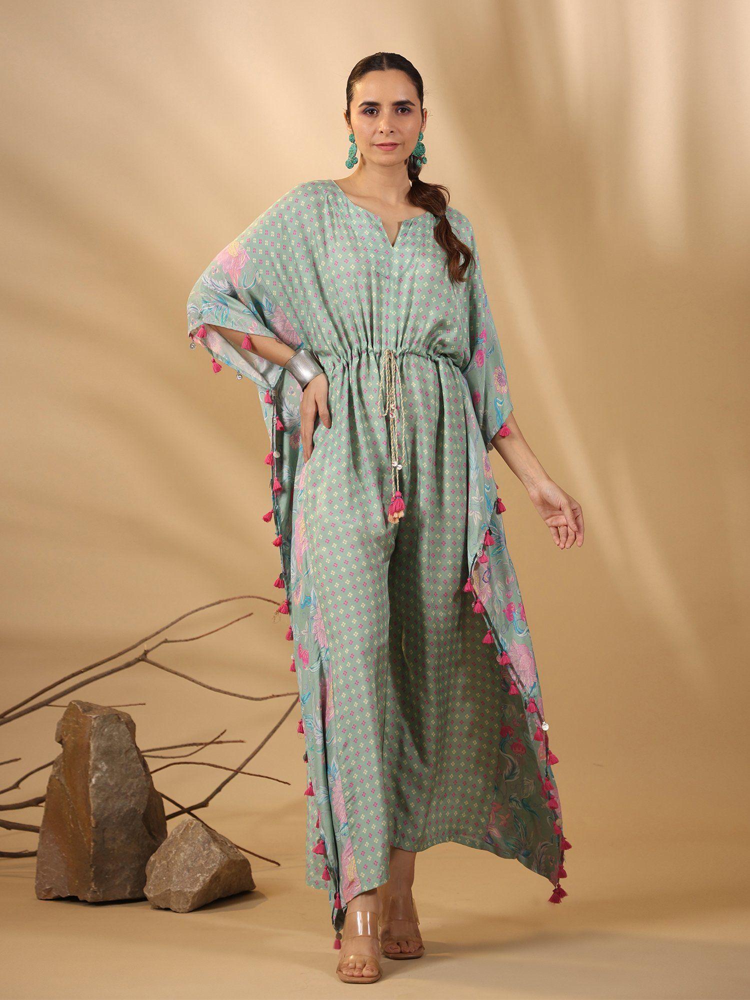 womens pepper green printed kaftan jumpsuit