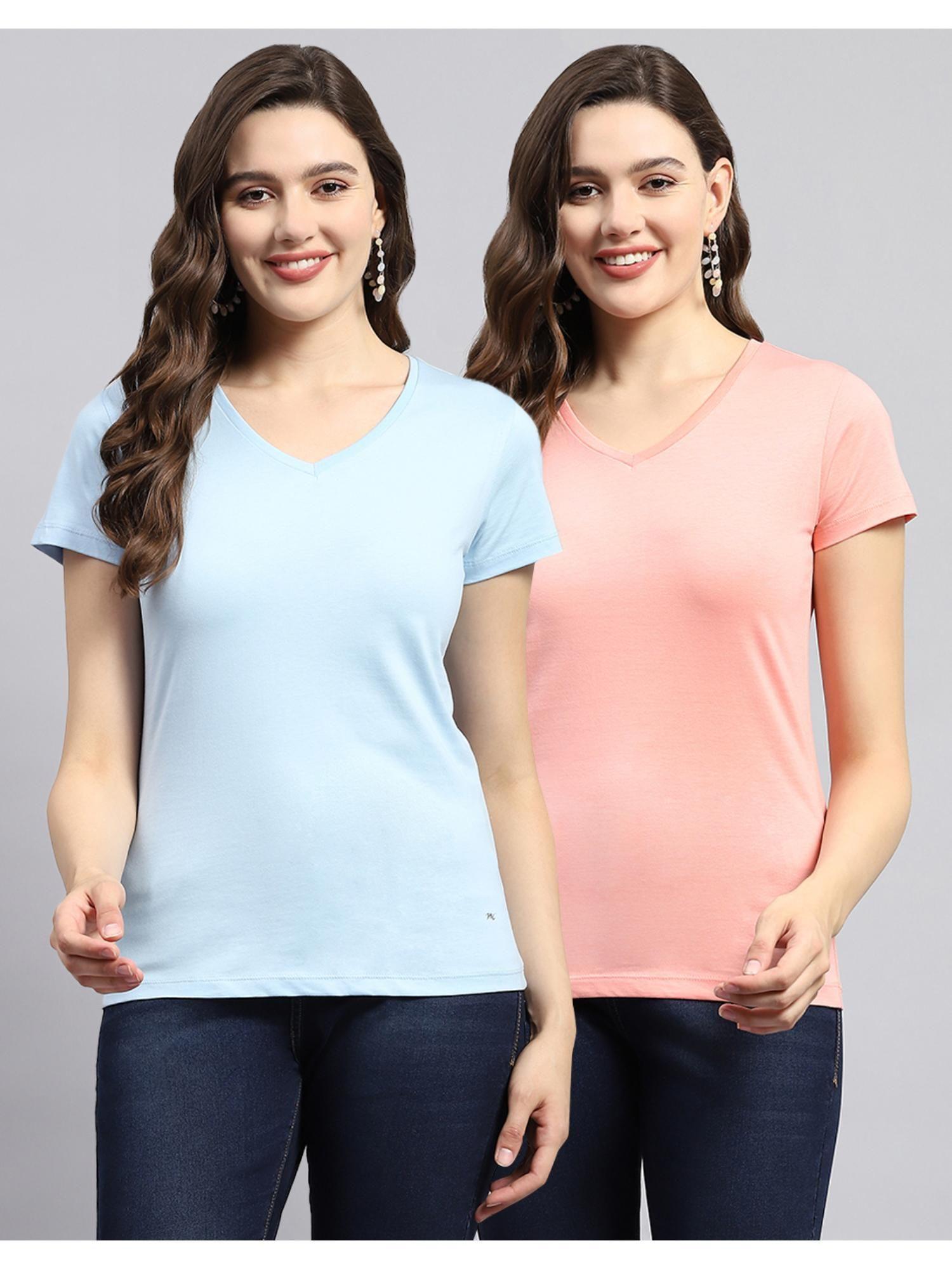 womens pink & blue solid v neck half sleeve t-shirt (pack of 2)