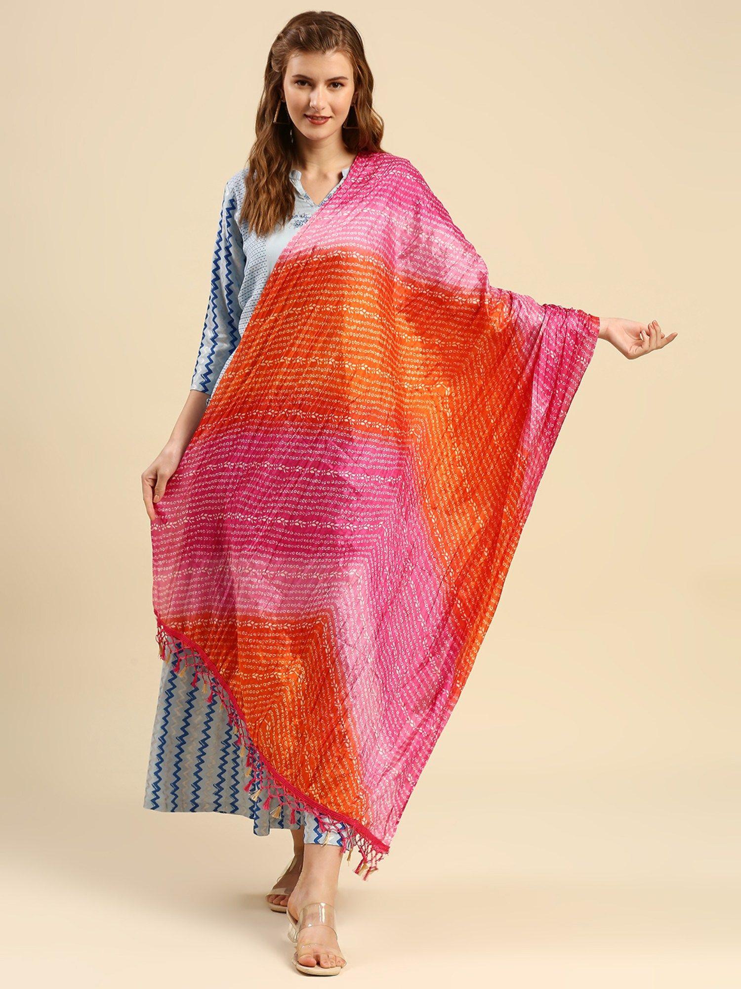 womens pink & orange lehariya printed art silk crushed dupatta