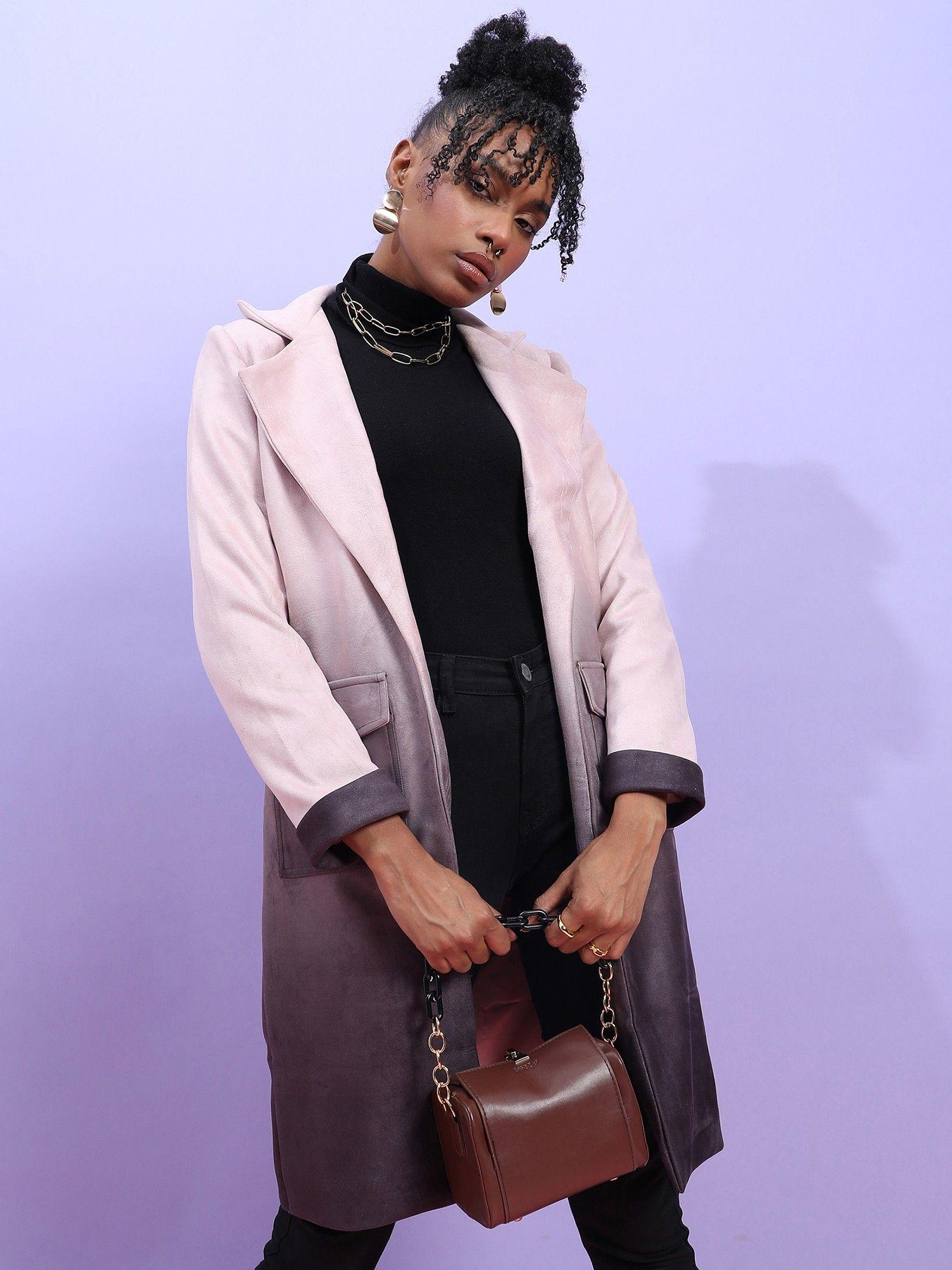 womens pink & purple ombre long coat with flap pocket