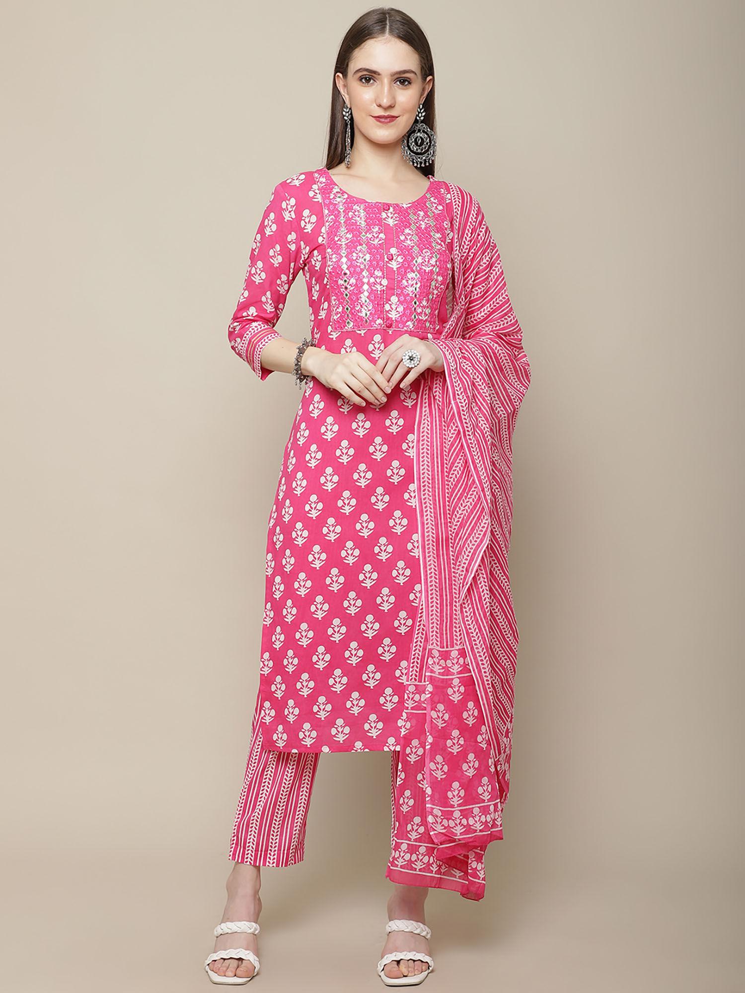 womens pink & white embroidered kurta with trouser & dupatta (set of 3)