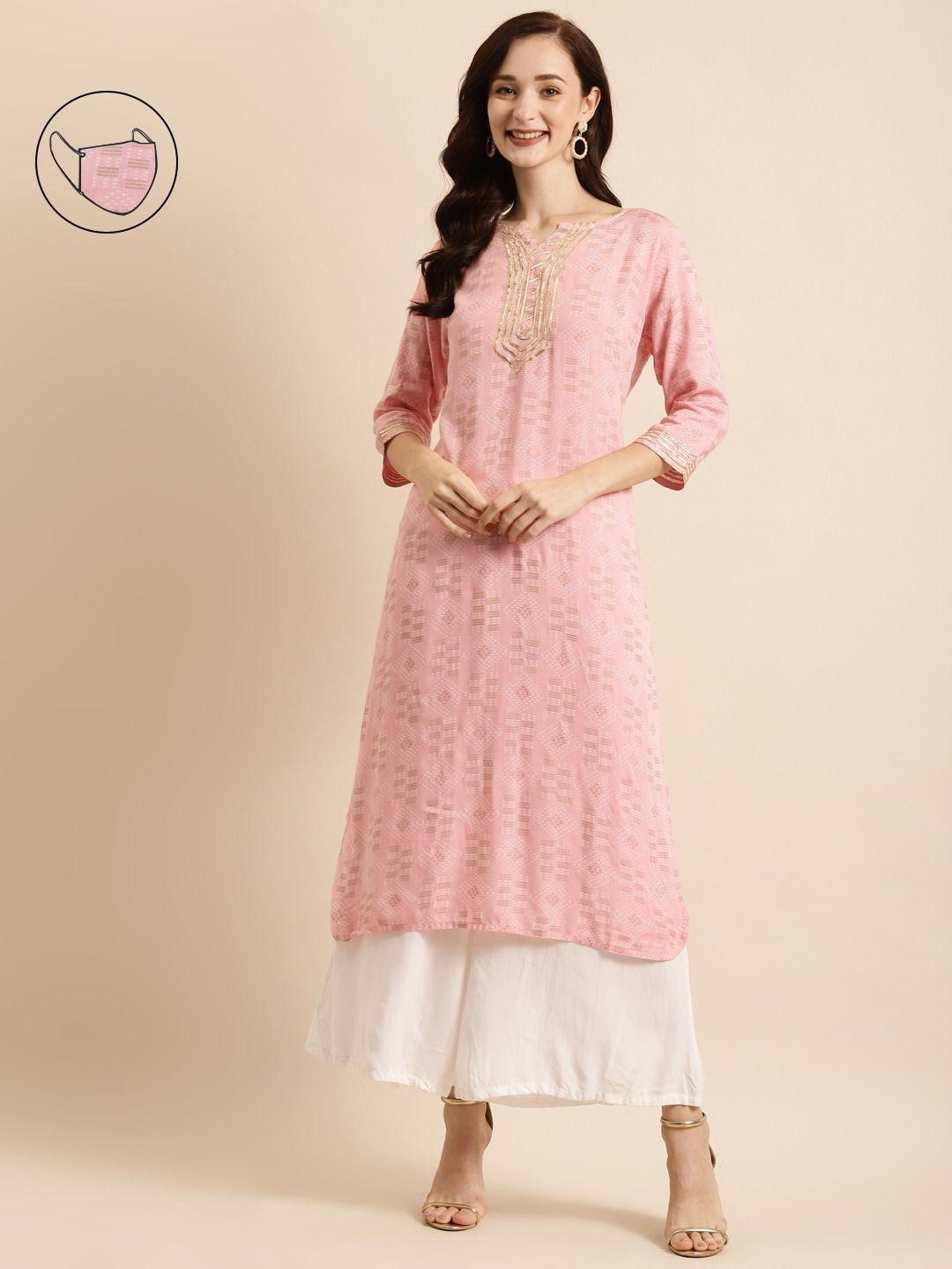 womens pink & white gold foil print straight kurta