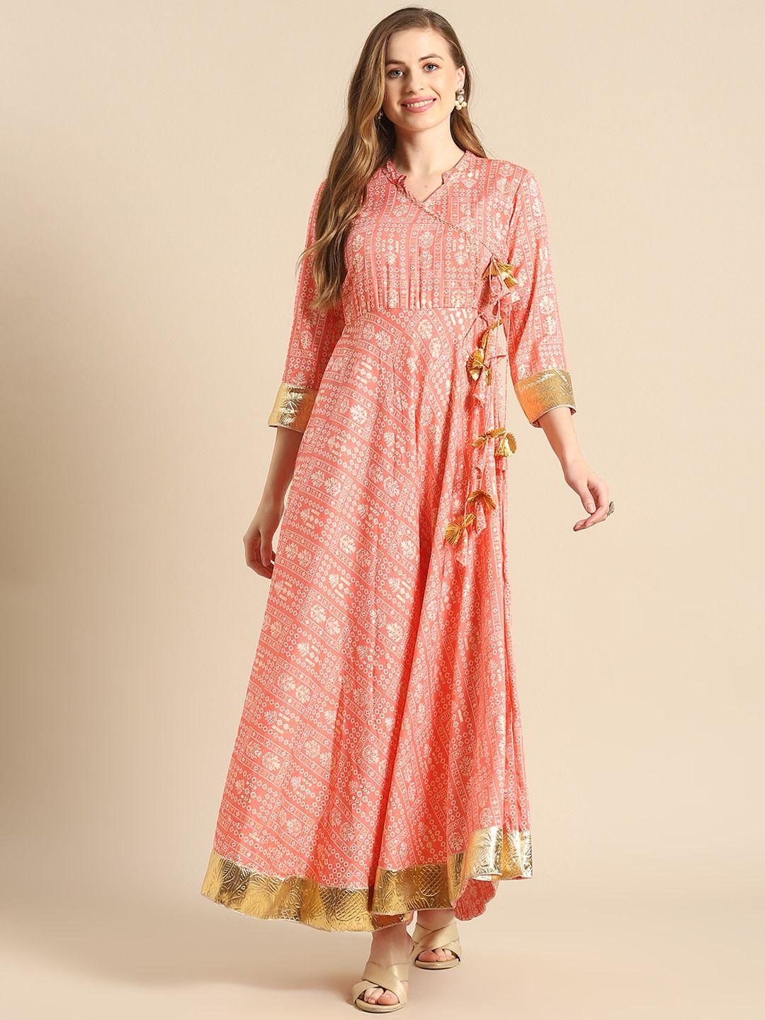 womens pink & white gotta patti foil printed angrakha maxi dress