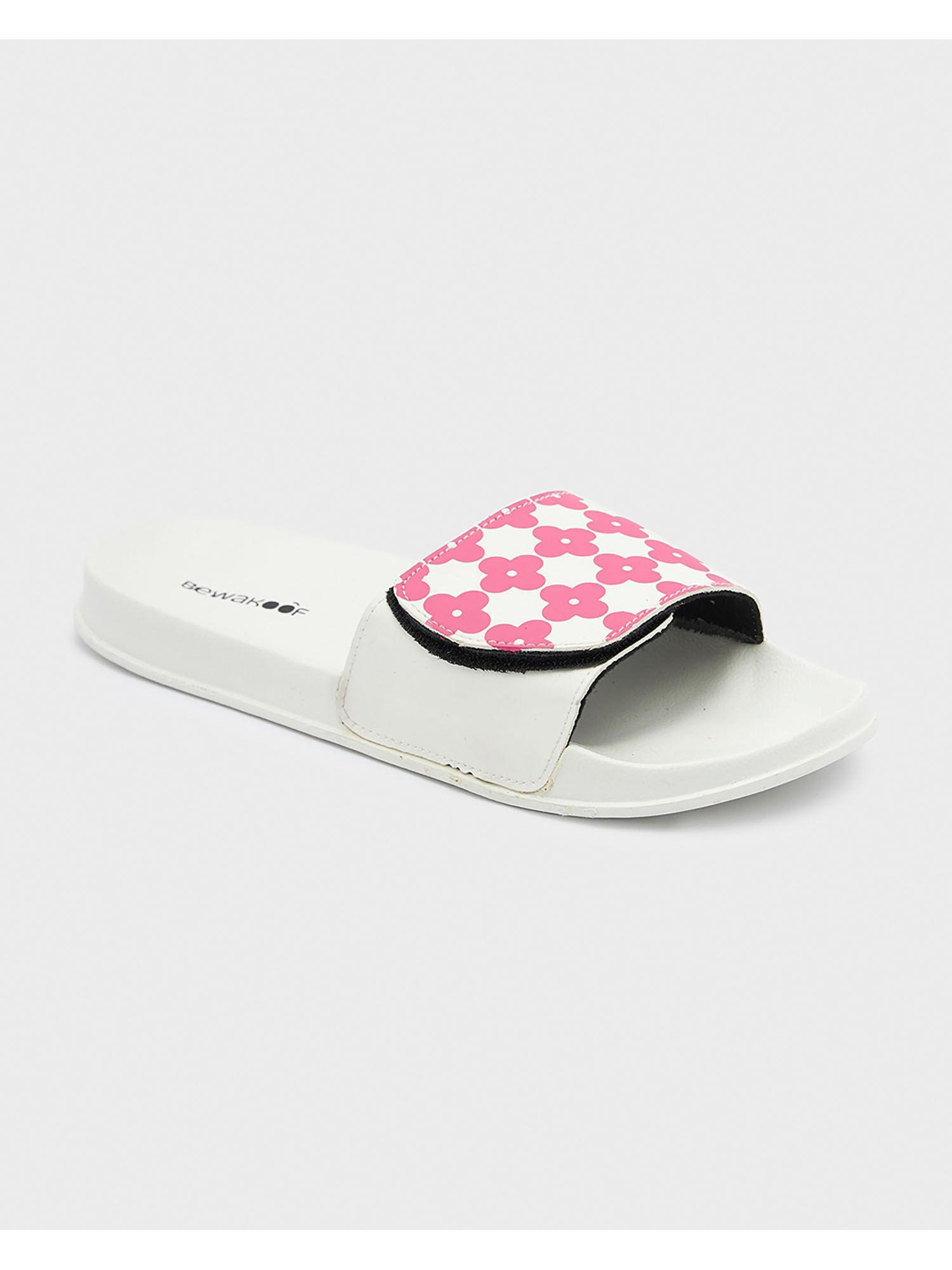 womens pink & white petals printed velcro sliders