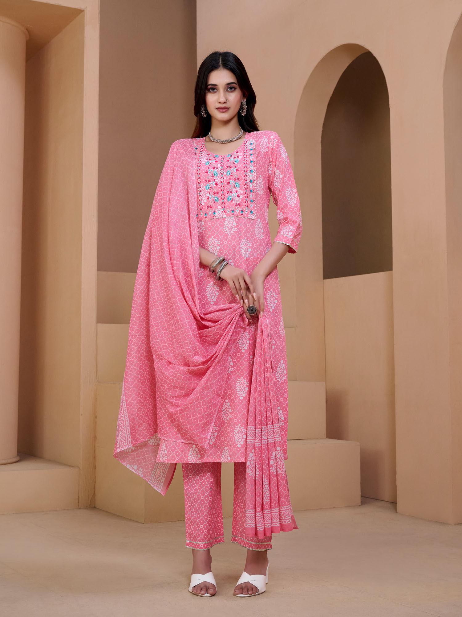 womens pink & white yoke embroidered kurta with trouser & dupatta (set of 3)