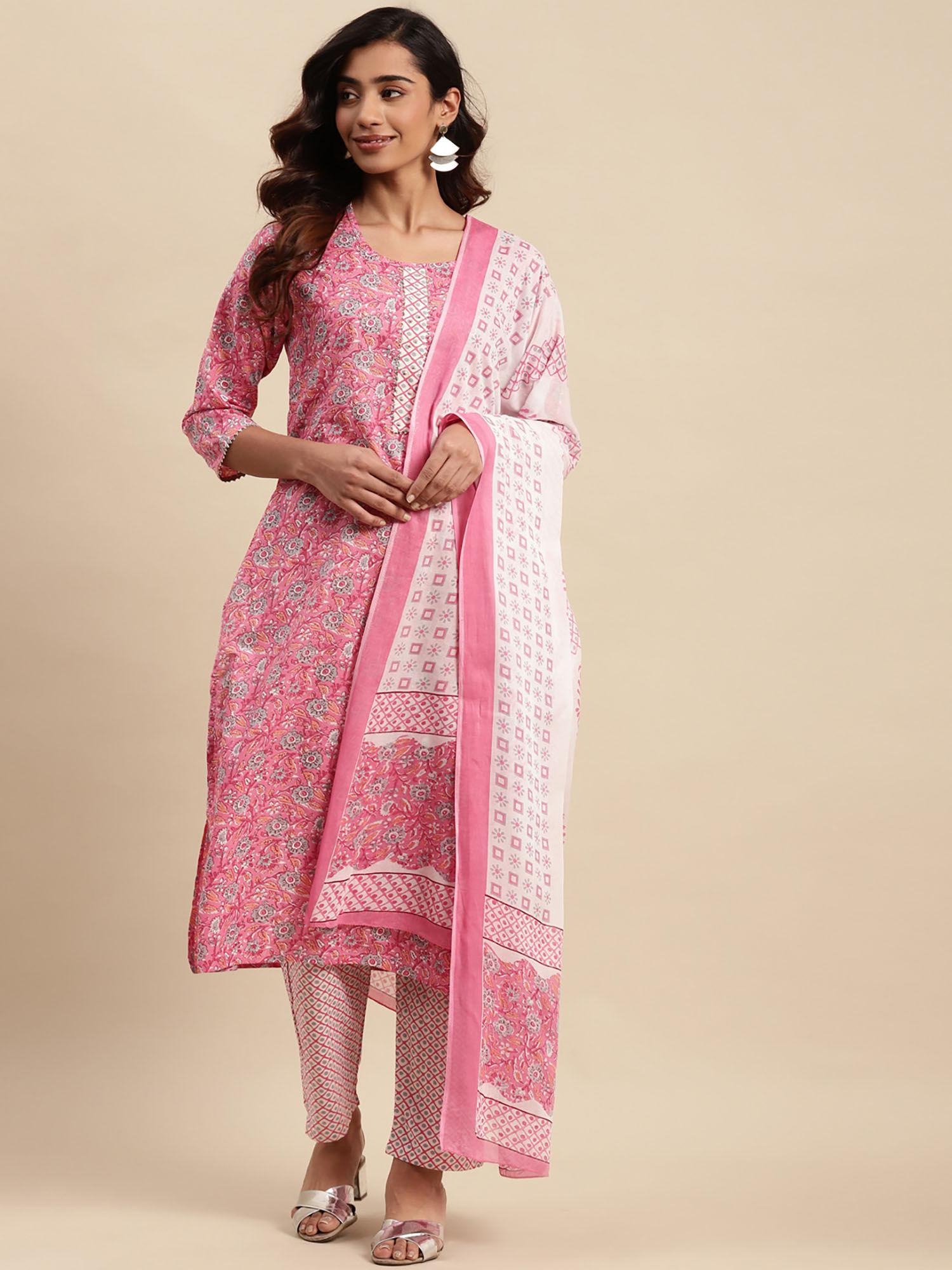 womens pink & white yoke gotta patti kurta with pant and dupatta (set of 3)