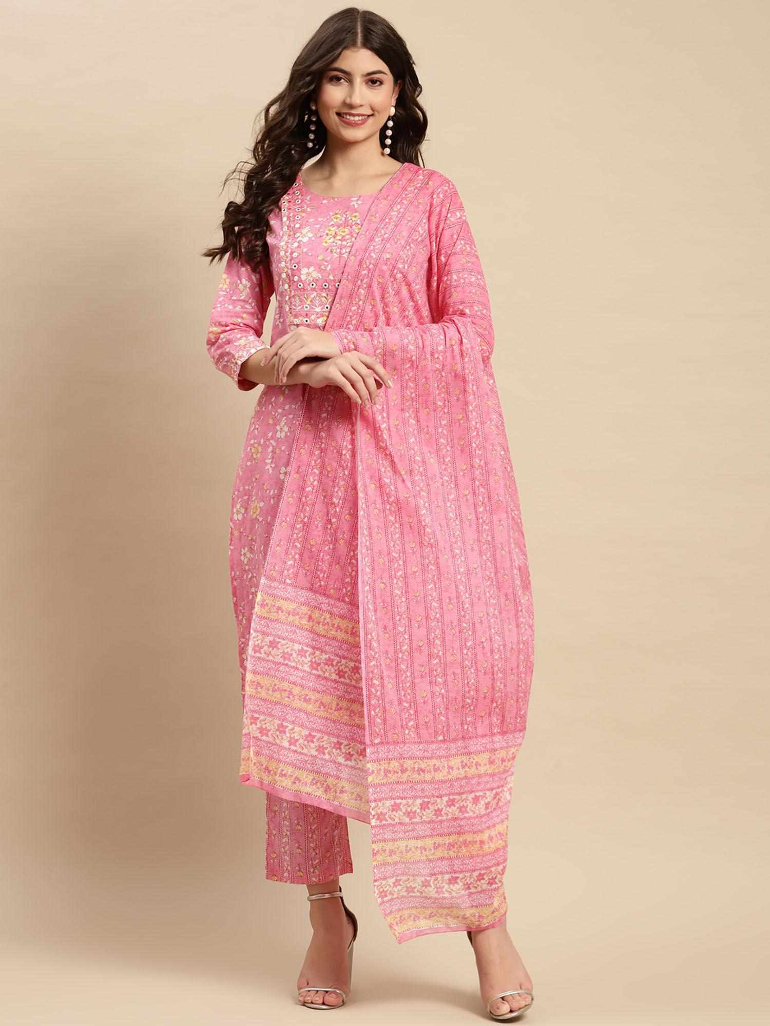 womens pink & white yoke thread work kurta with pant and dupatta (set of 3)