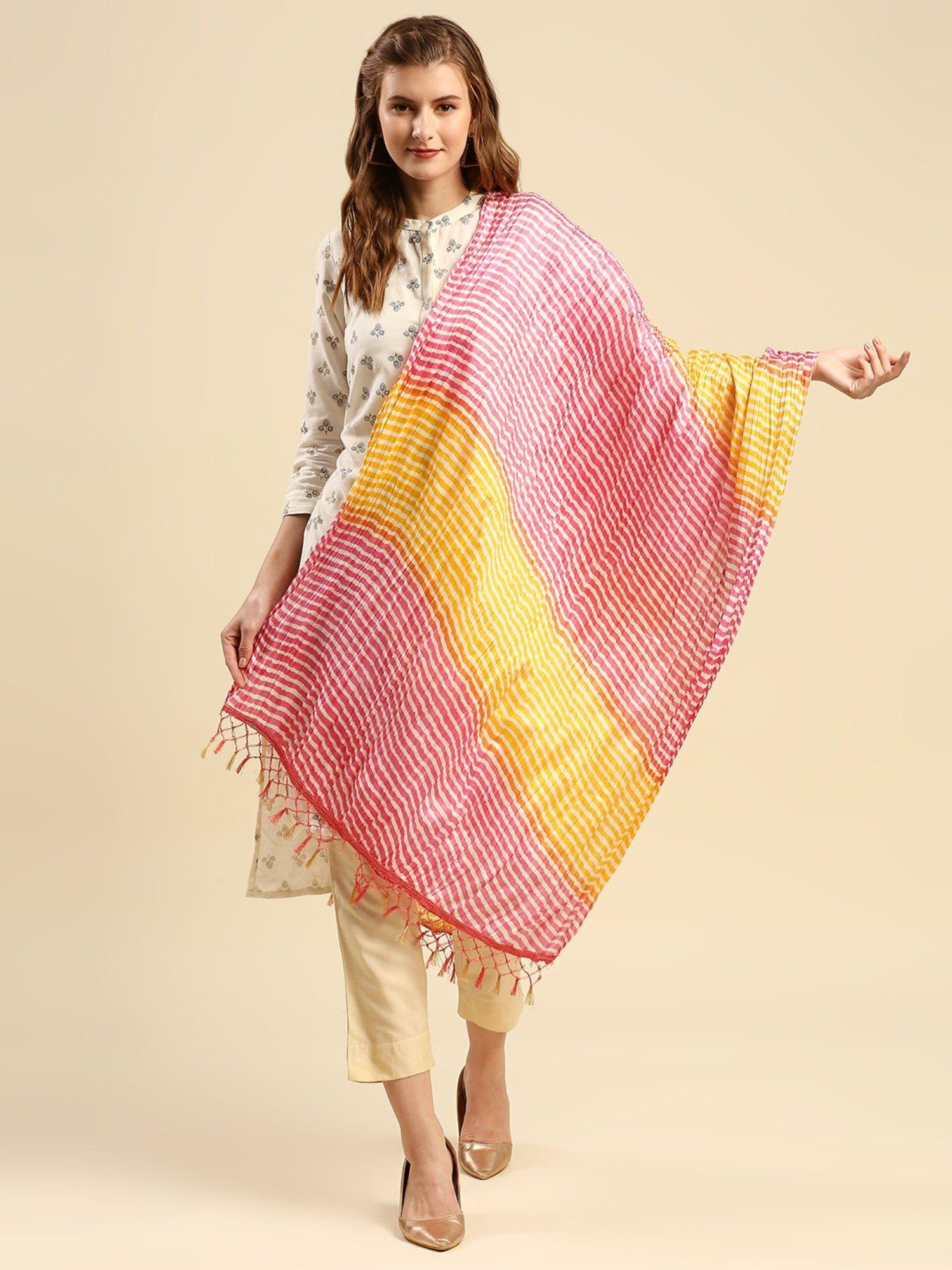 womens pink & yellow leharia printed art silk crushed dupatta