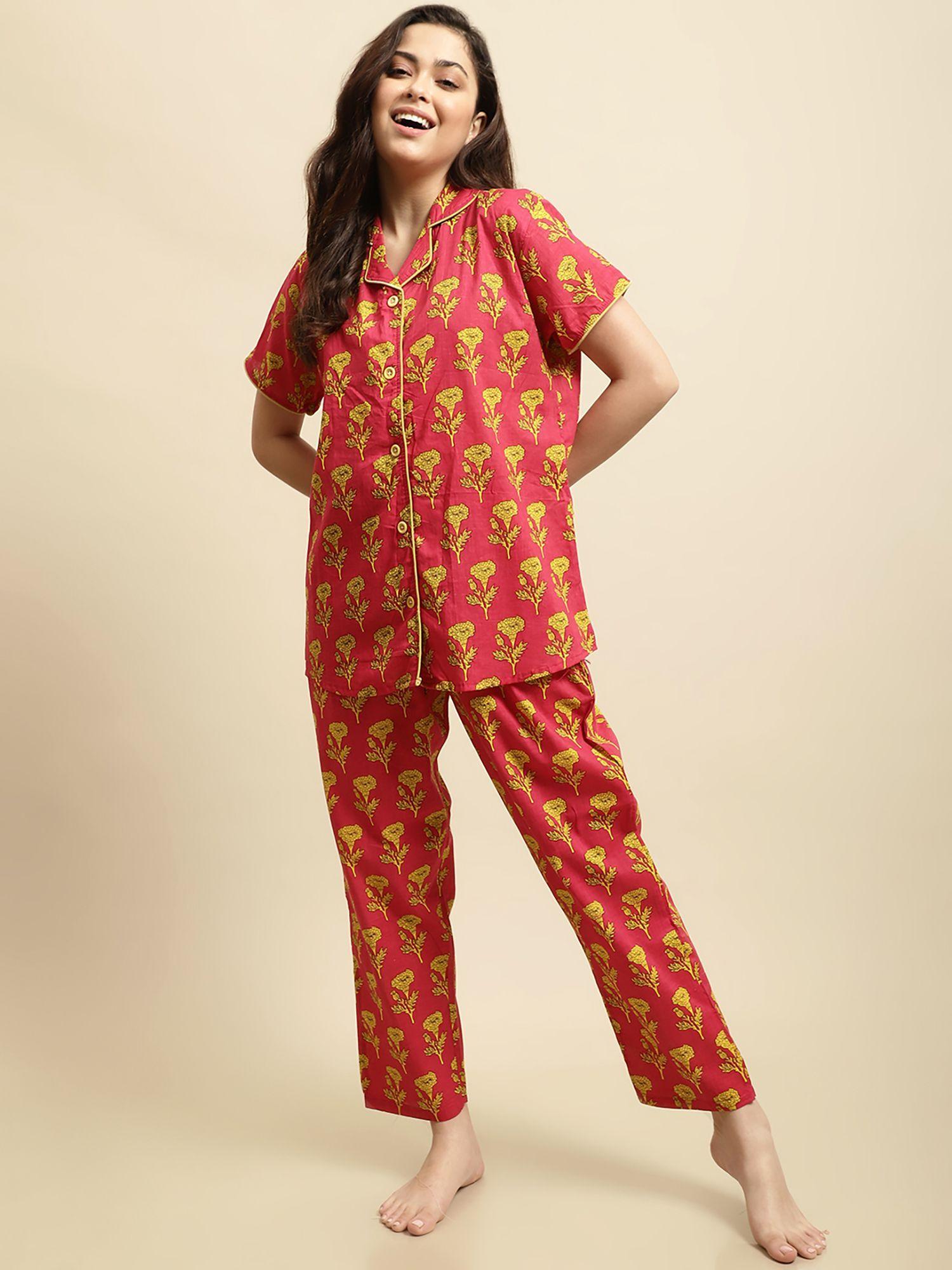 womens pink & yellow sanganeri floral print night suit (set of 2)