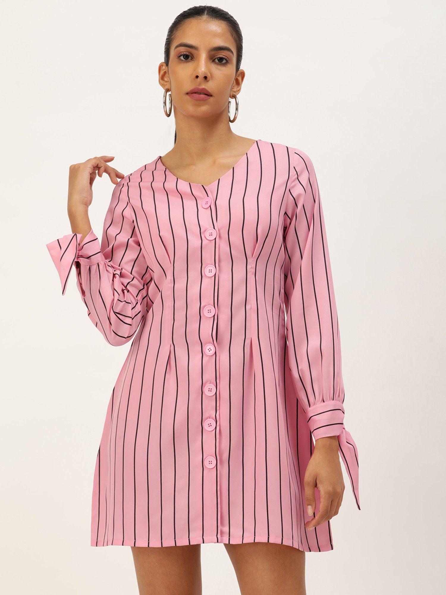 womens pink and black stripped long sleeve crepe dress